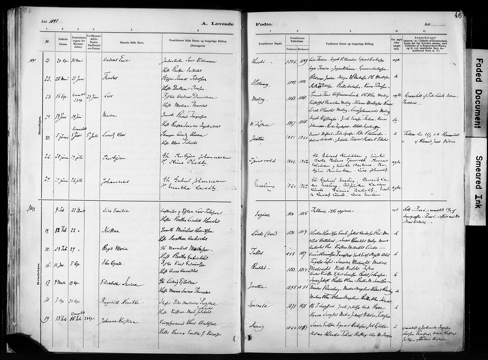 Hetland sokneprestkontor, SAST/A-101826/30/30BA/L0011: Parish register (official) no. A 11, 1884-1911, p. 46