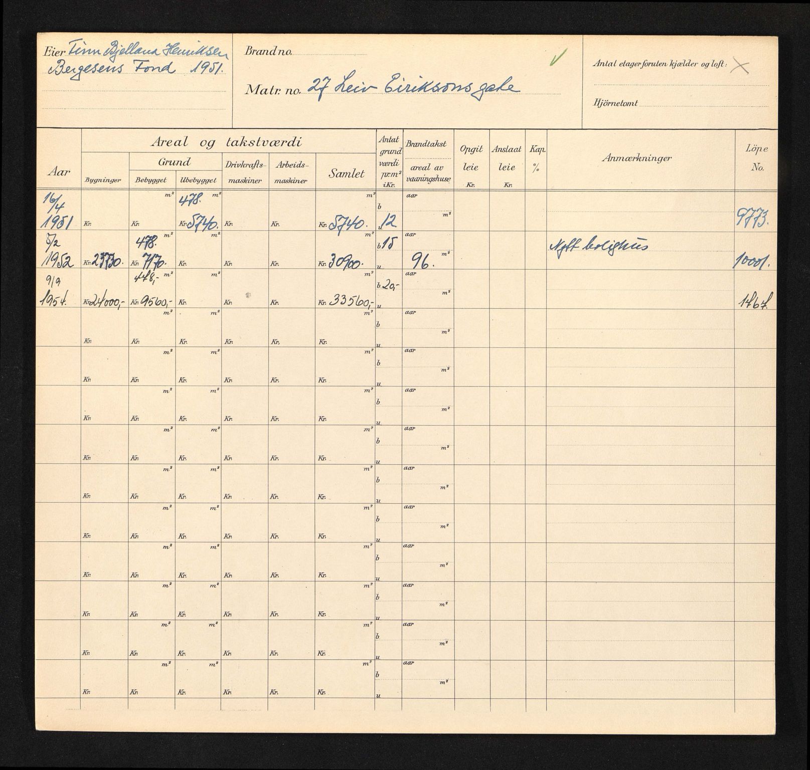 Stavanger kommune. Skattetakstvesenet, BYST/A-0440/F/Fa/Faa/L0028/0004: Skattetakstkort / Leiv Eriksons gate 24 - Leigvollsgata - Leikebakken - Leiv Leas vei 11