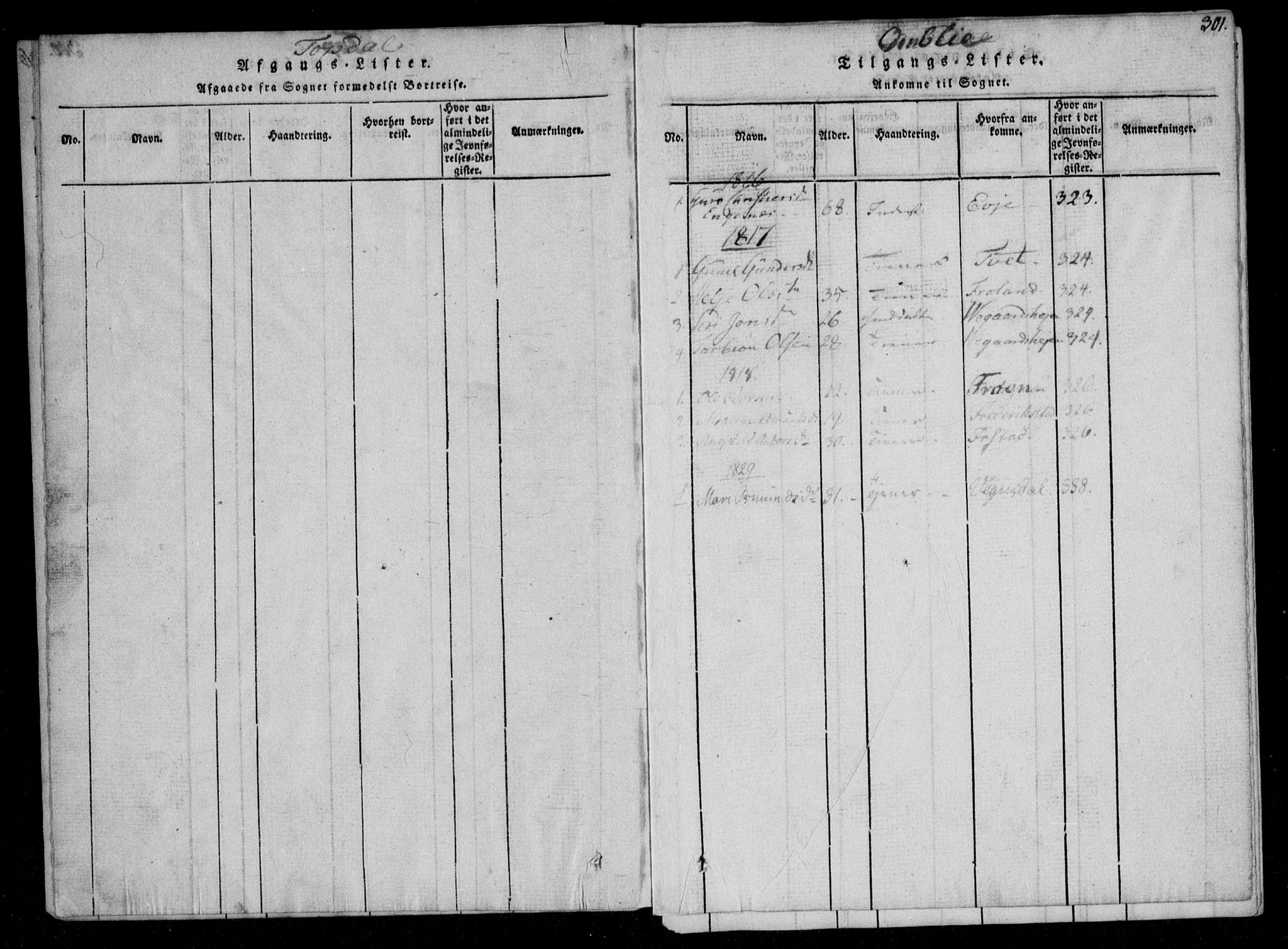 Åmli sokneprestkontor, SAK/1111-0050/F/Fa/Fac/L0006: Parish register (official) no. A 6, 1816-1829, p. 301