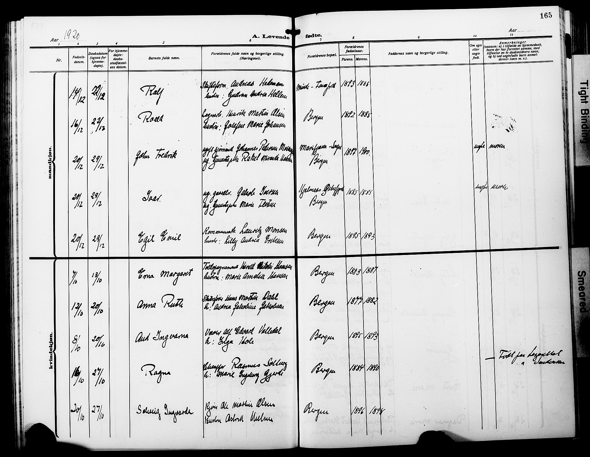 Fødselsstiftelsens sokneprestembete*, SAB/-: Parish register (copy) no. A 3, 1916-1925, p. 165