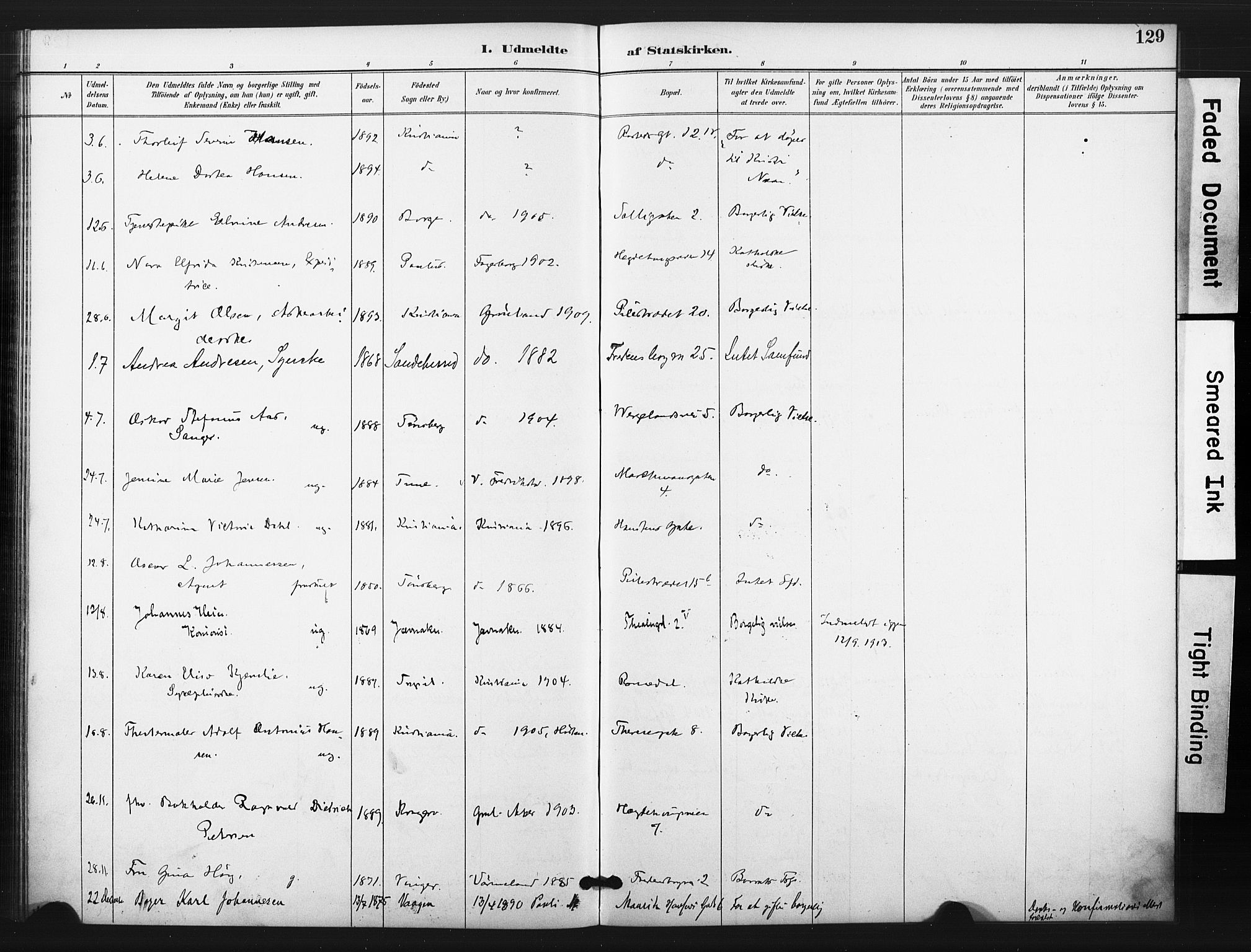 Trefoldighet prestekontor Kirkebøker, SAO/A-10882/F/Ff/L0002: Parish register (official) no. VI 2, 1891-1918, p. 129