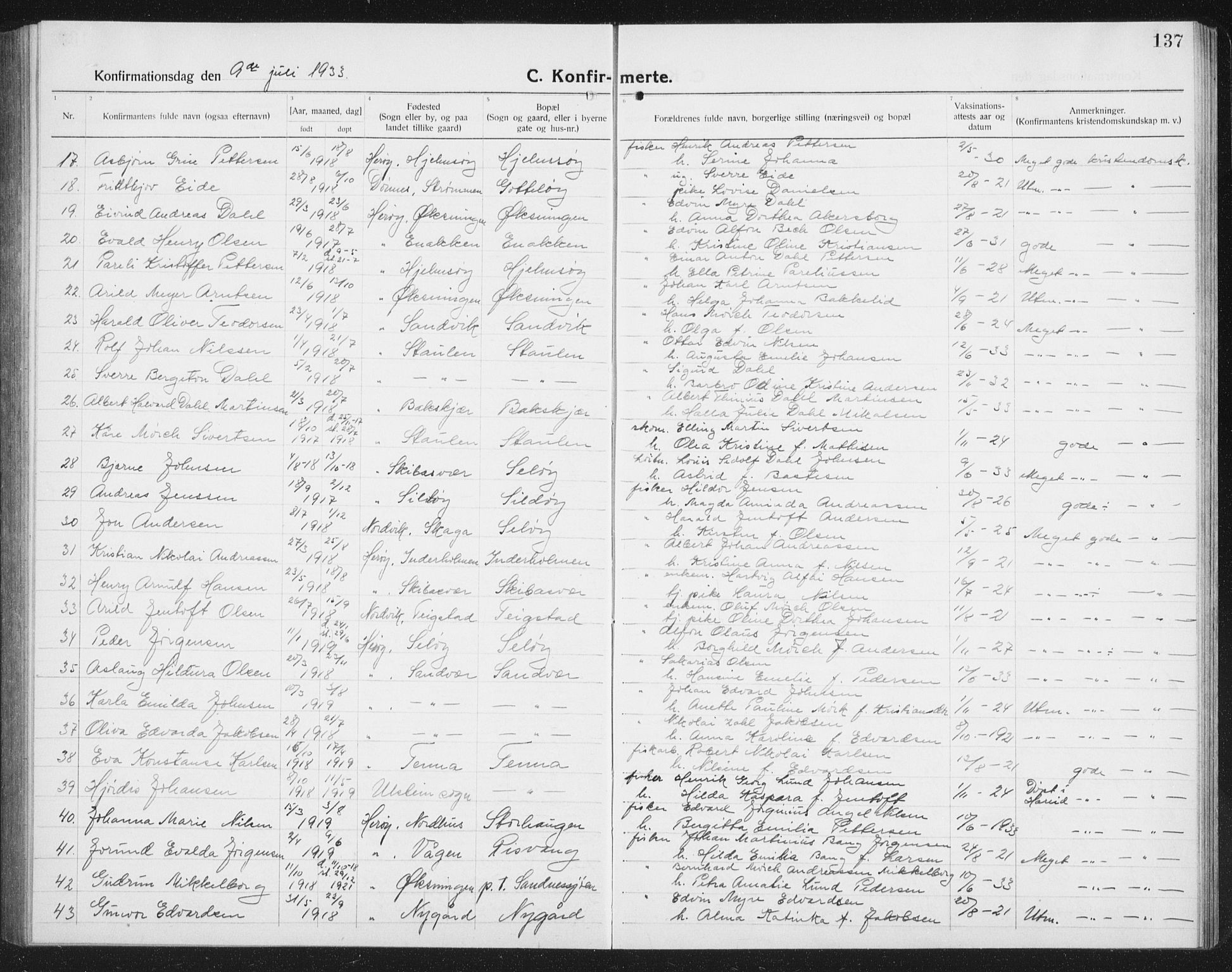 Ministerialprotokoller, klokkerbøker og fødselsregistre - Nordland, SAT/A-1459/834/L0517: Parish register (copy) no. 834C07, 1919-1939, p. 137