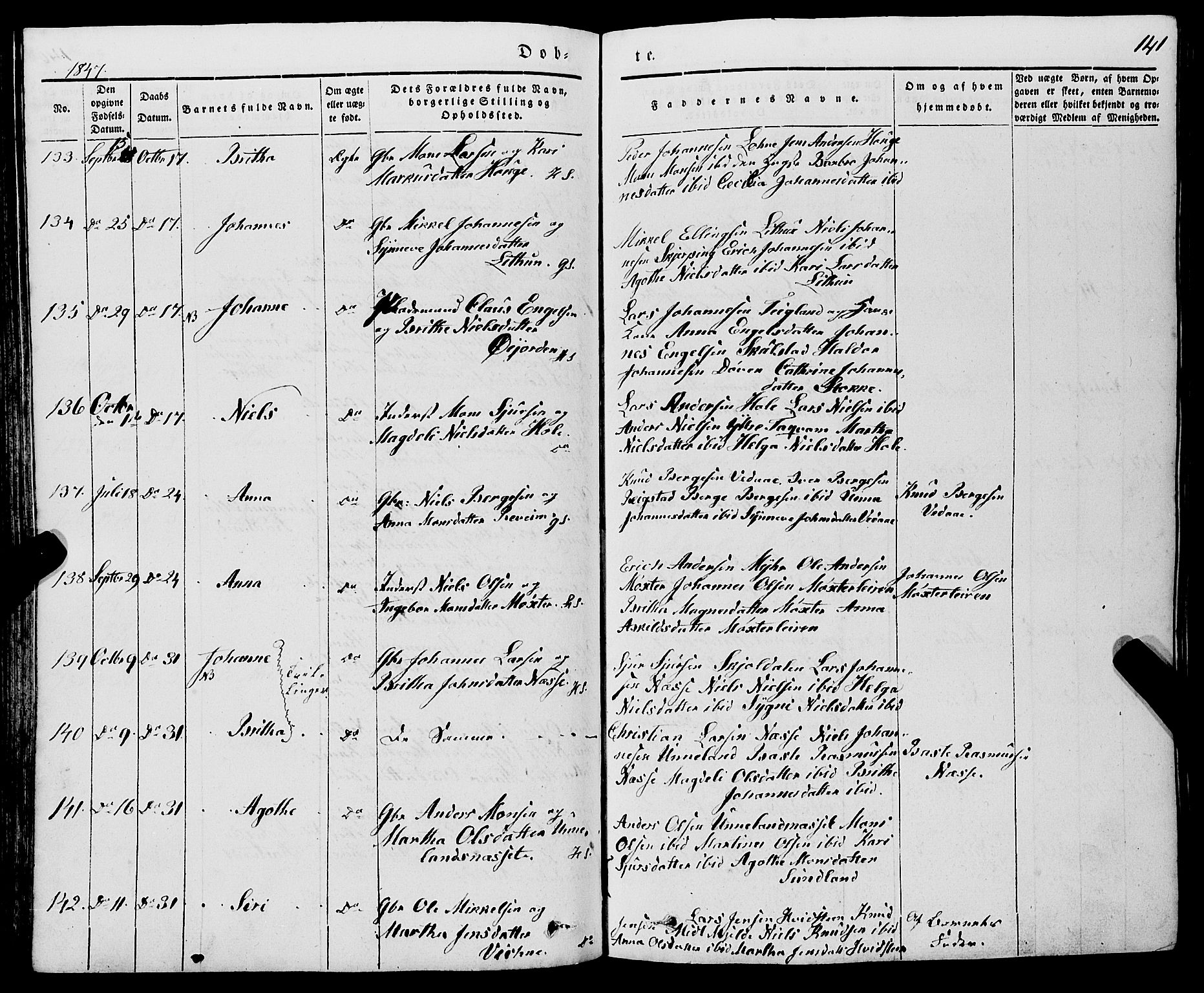 Haus sokneprestembete, AV/SAB-A-75601/H/Haa: Parish register (official) no. A 15, 1838-1847, p. 141