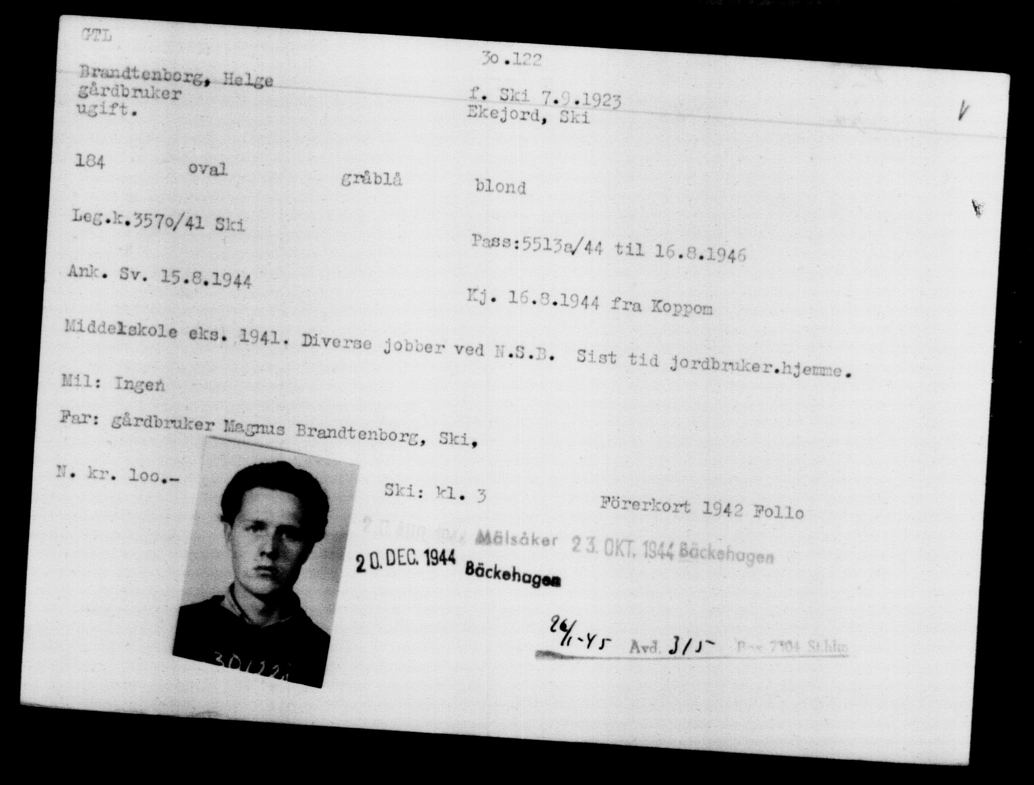 Utenriksstasjonene, Legasjonen i Stockholm, Flyktningkontoret, AV/RA-S-6753/V/Va/L0012: Kjesäterkartoteket, flyktninger med registreringsnr. 28300-31566, 1940-1945, p. 2007