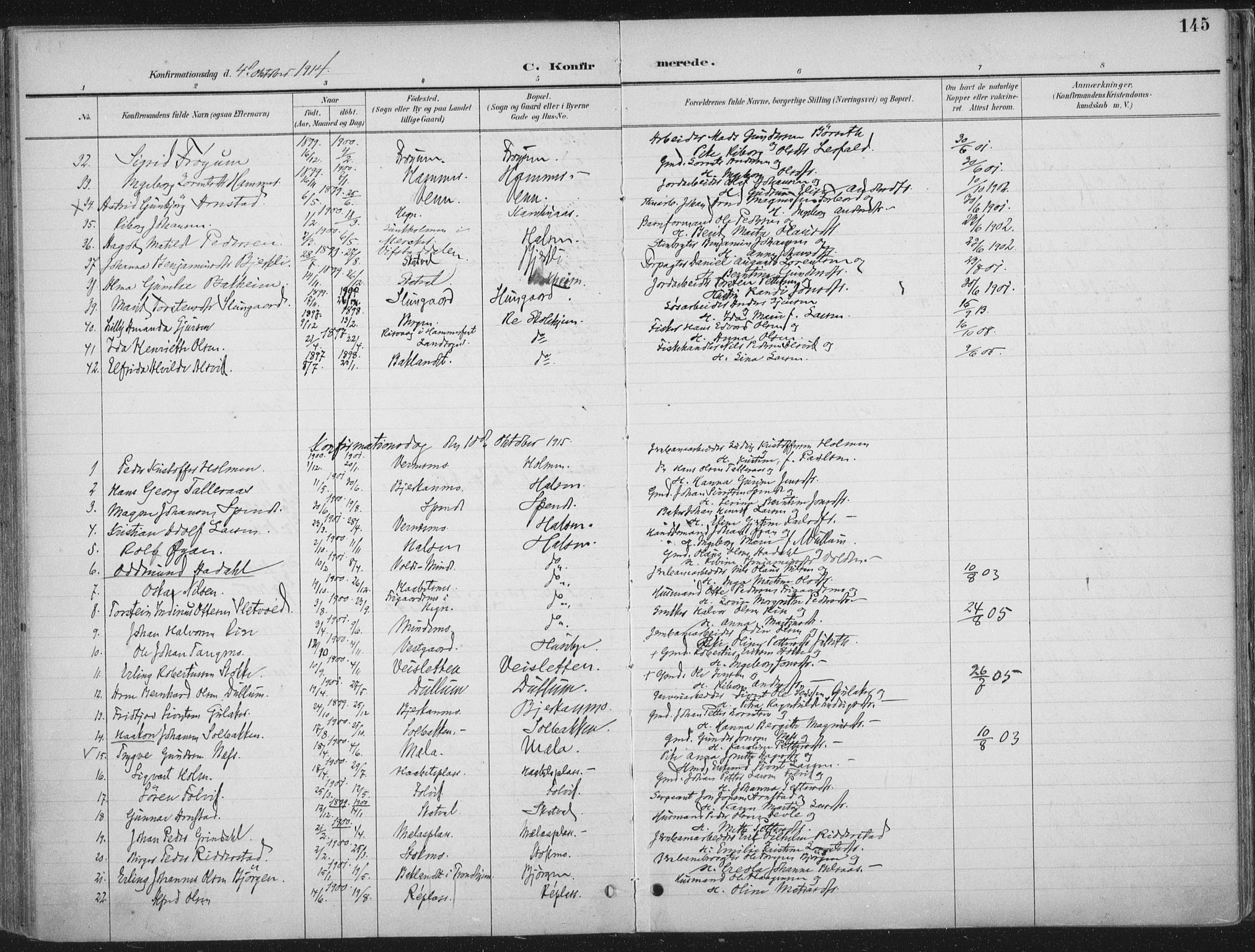 Ministerialprotokoller, klokkerbøker og fødselsregistre - Nord-Trøndelag, AV/SAT-A-1458/709/L0082: Parish register (official) no. 709A22, 1896-1916, p. 145