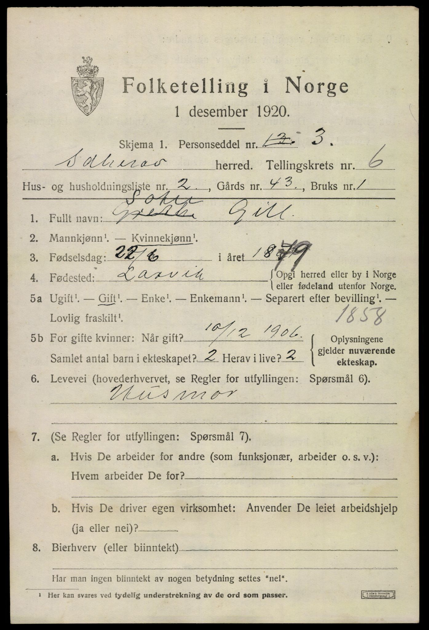 SAKO, 1920 census for Sandeherred, 1920, p. 9586