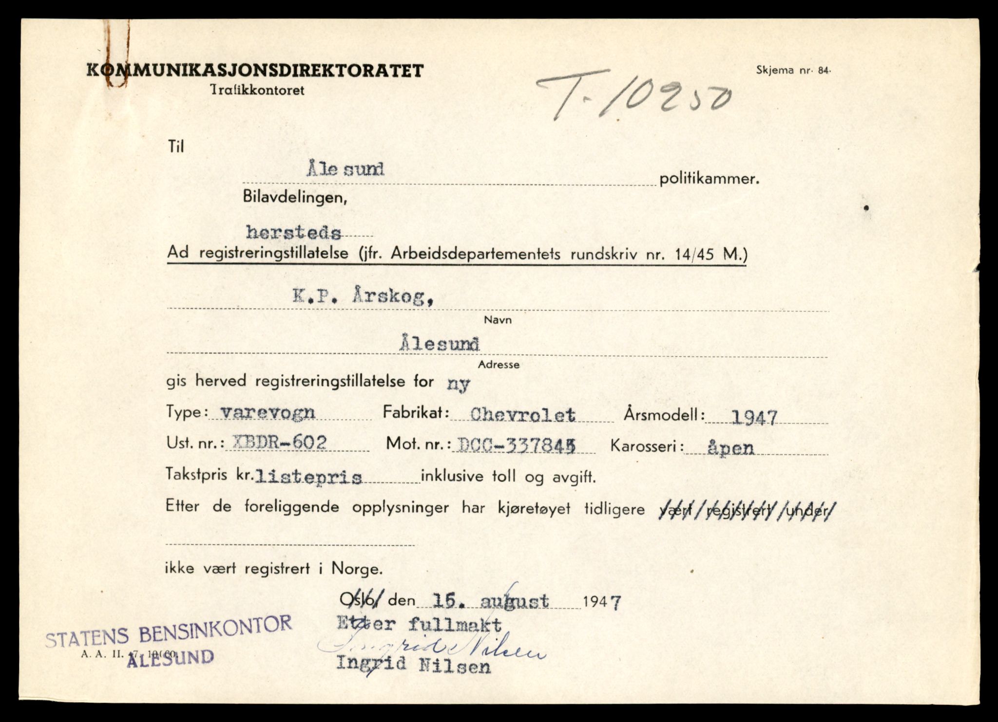 Møre og Romsdal vegkontor - Ålesund trafikkstasjon, AV/SAT-A-4099/F/Fe/L0019: Registreringskort for kjøretøy T 10228 - T 10350, 1927-1998, p. 603