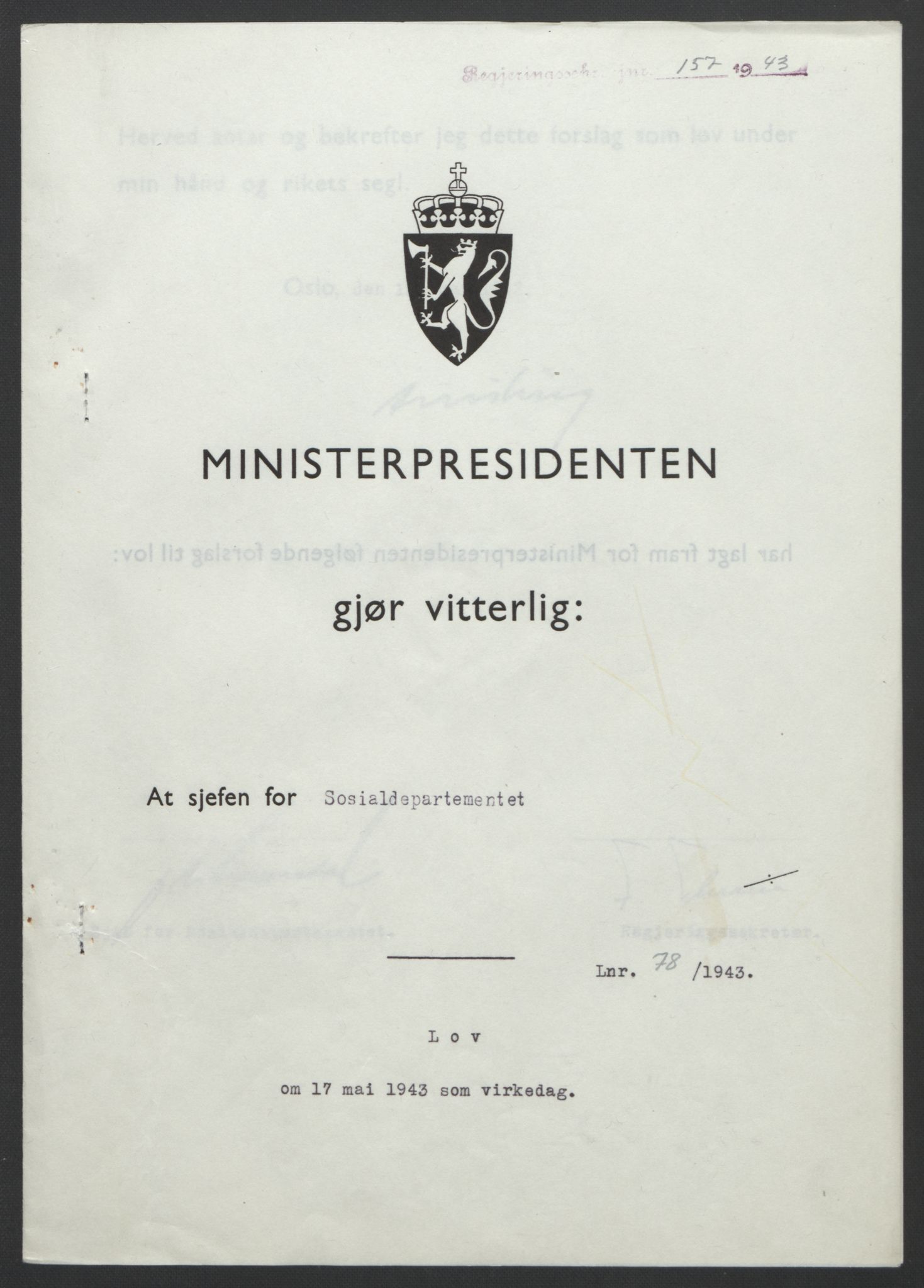 NS-administrasjonen 1940-1945 (Statsrådsekretariatet, de kommisariske statsråder mm), RA/S-4279/D/Db/L0099: Lover, 1943, p. 357