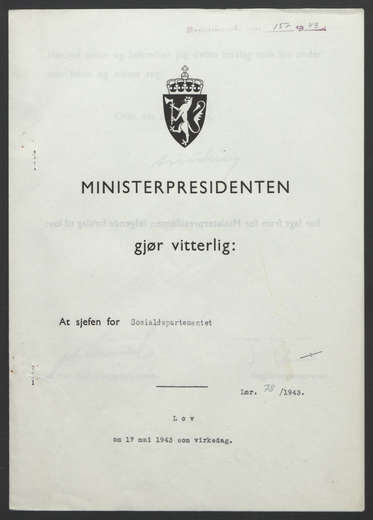 NS-administrasjonen 1940-1945 (Statsrådsekretariatet, de kommisariske statsråder mm), AV/RA-S-4279/D/Db/L0099: Lover, 1943, p. 357