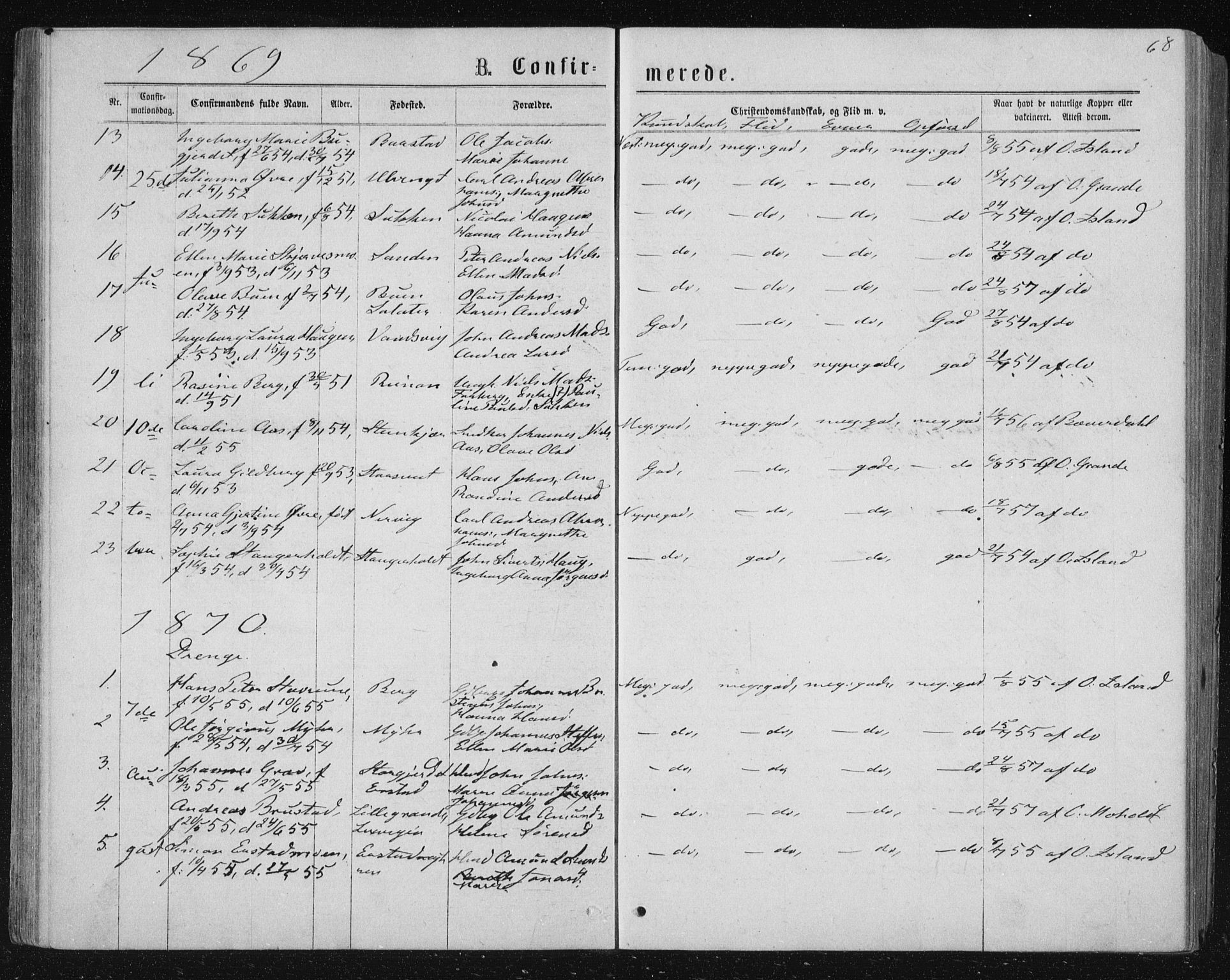 Ministerialprotokoller, klokkerbøker og fødselsregistre - Nord-Trøndelag, AV/SAT-A-1458/722/L0219: Parish register (official) no. 722A06, 1868-1880, p. 68