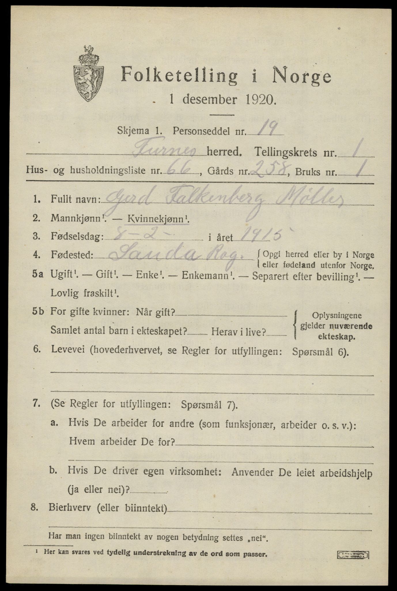 SAH, 1920 census for Furnes, 1920, p. 2415