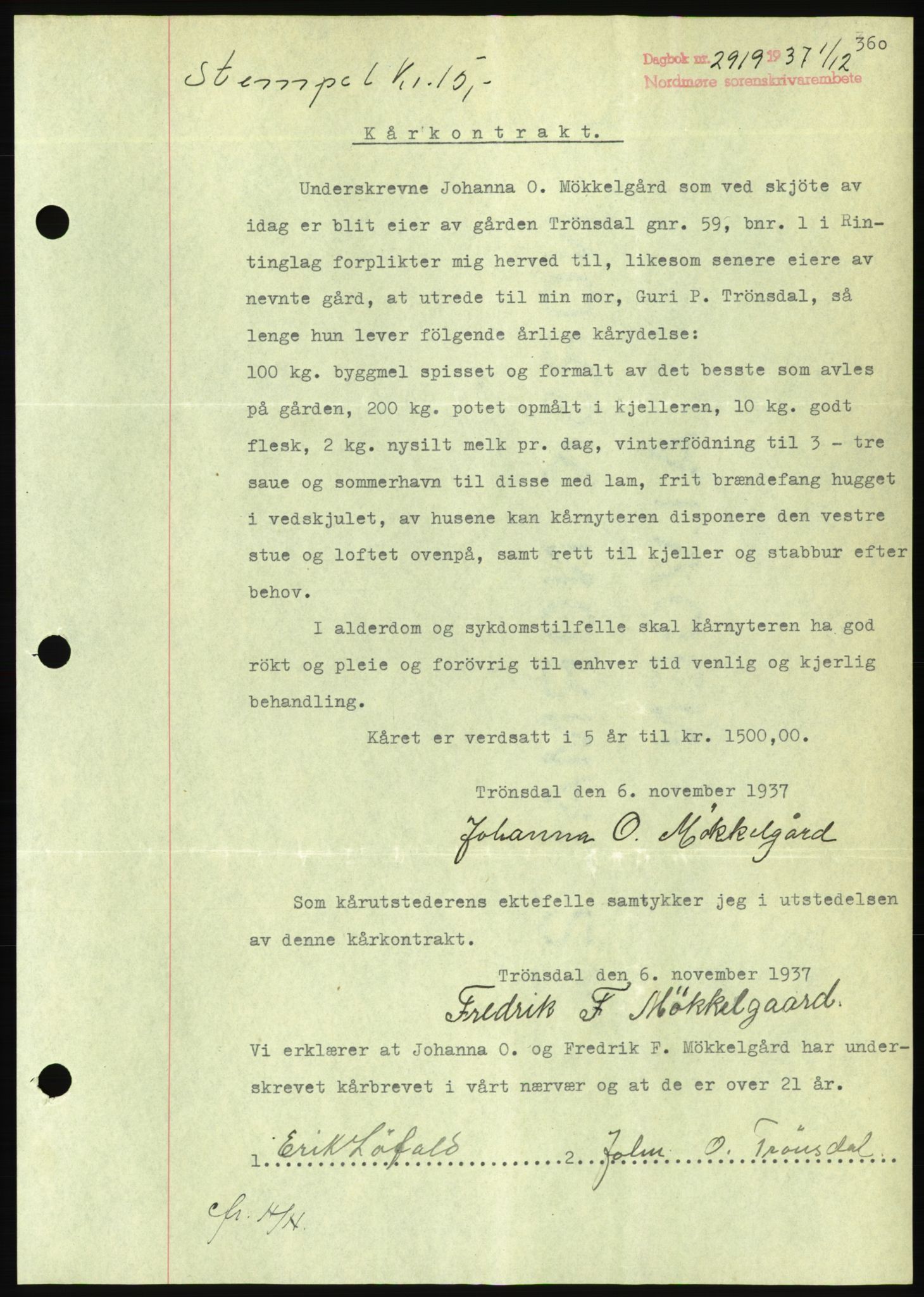 Nordmøre sorenskriveri, AV/SAT-A-4132/1/2/2Ca/L0092: Mortgage book no. B82, 1937-1938, Diary no: : 2919/1937