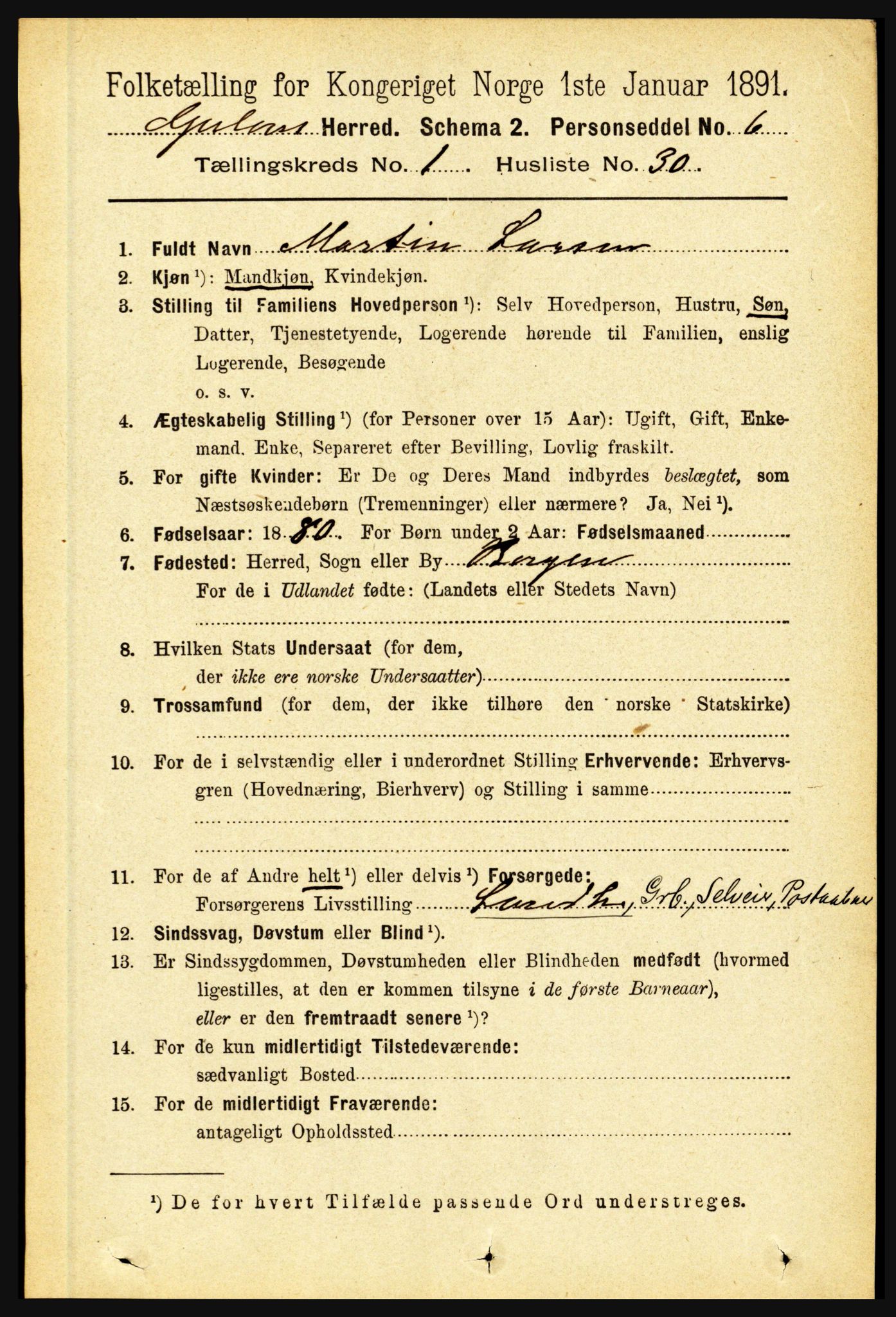 RA, 1891 census for 1411 Gulen, 1891, p. 302