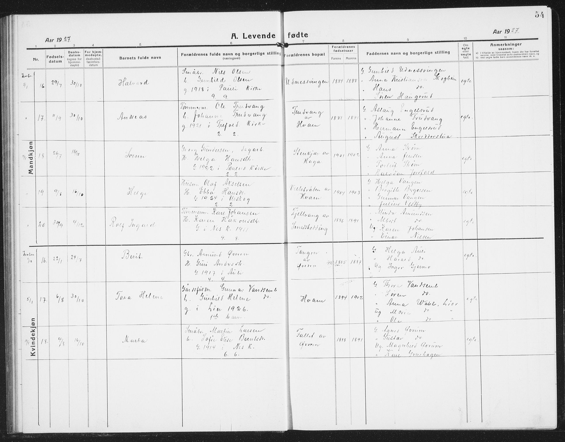 Nes prestekontor Kirkebøker, AV/SAO-A-10410/G/Gb/L0002: Parish register (copy) no. II 2, 1918-1942, p. 54