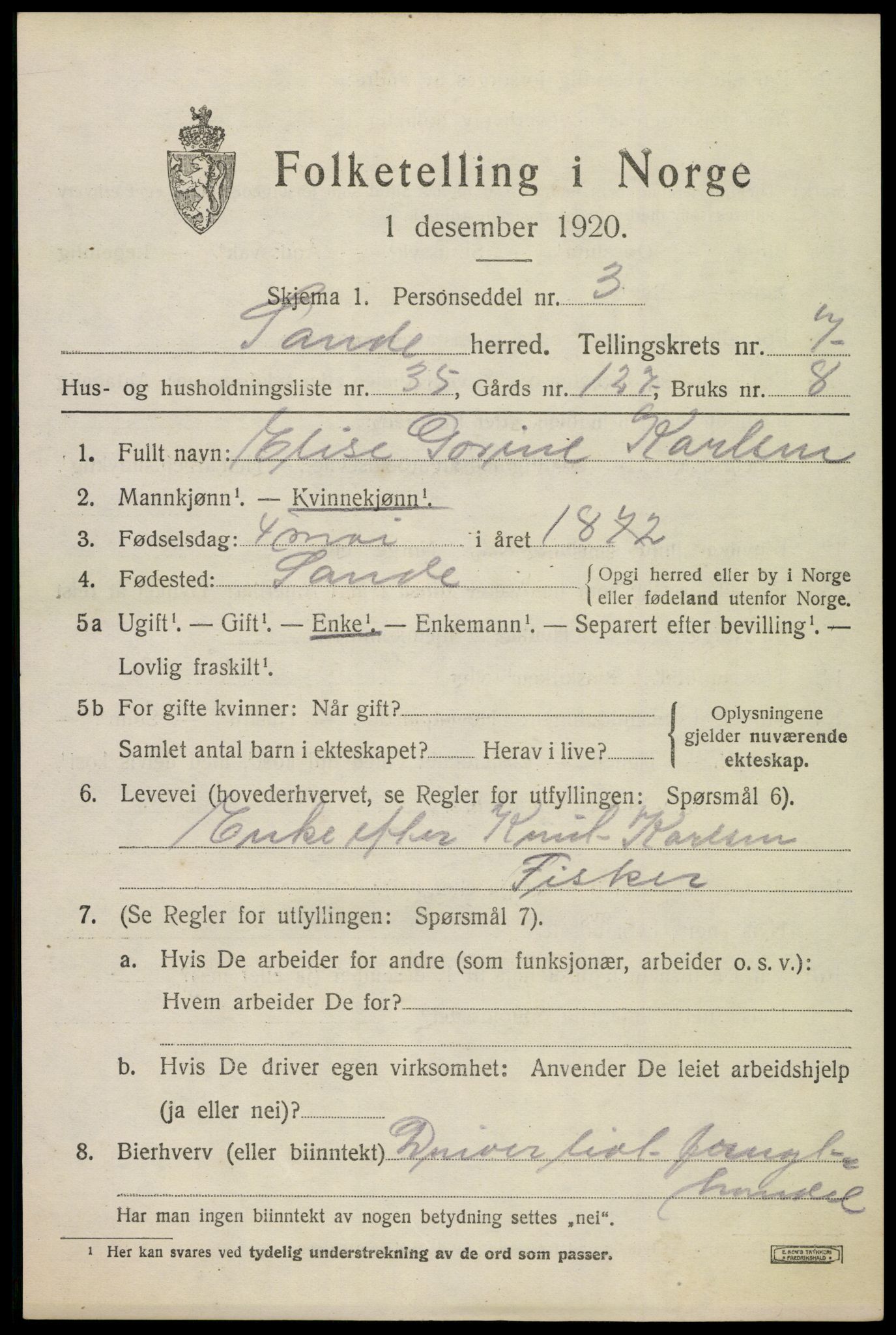 SAKO, 1920 census for Sande, 1920, p. 8402