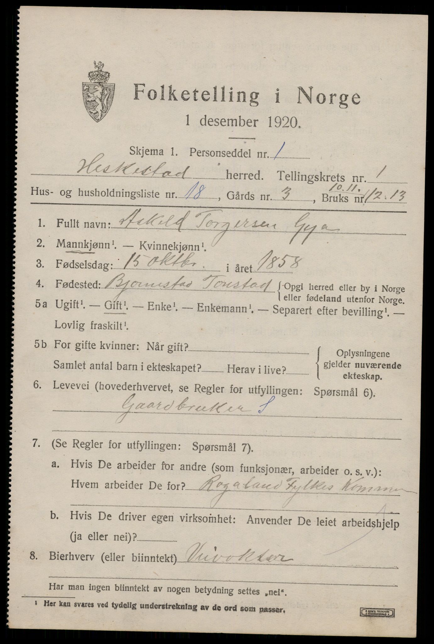 SAST, 1920 census for Heskestad, 1920, p. 591