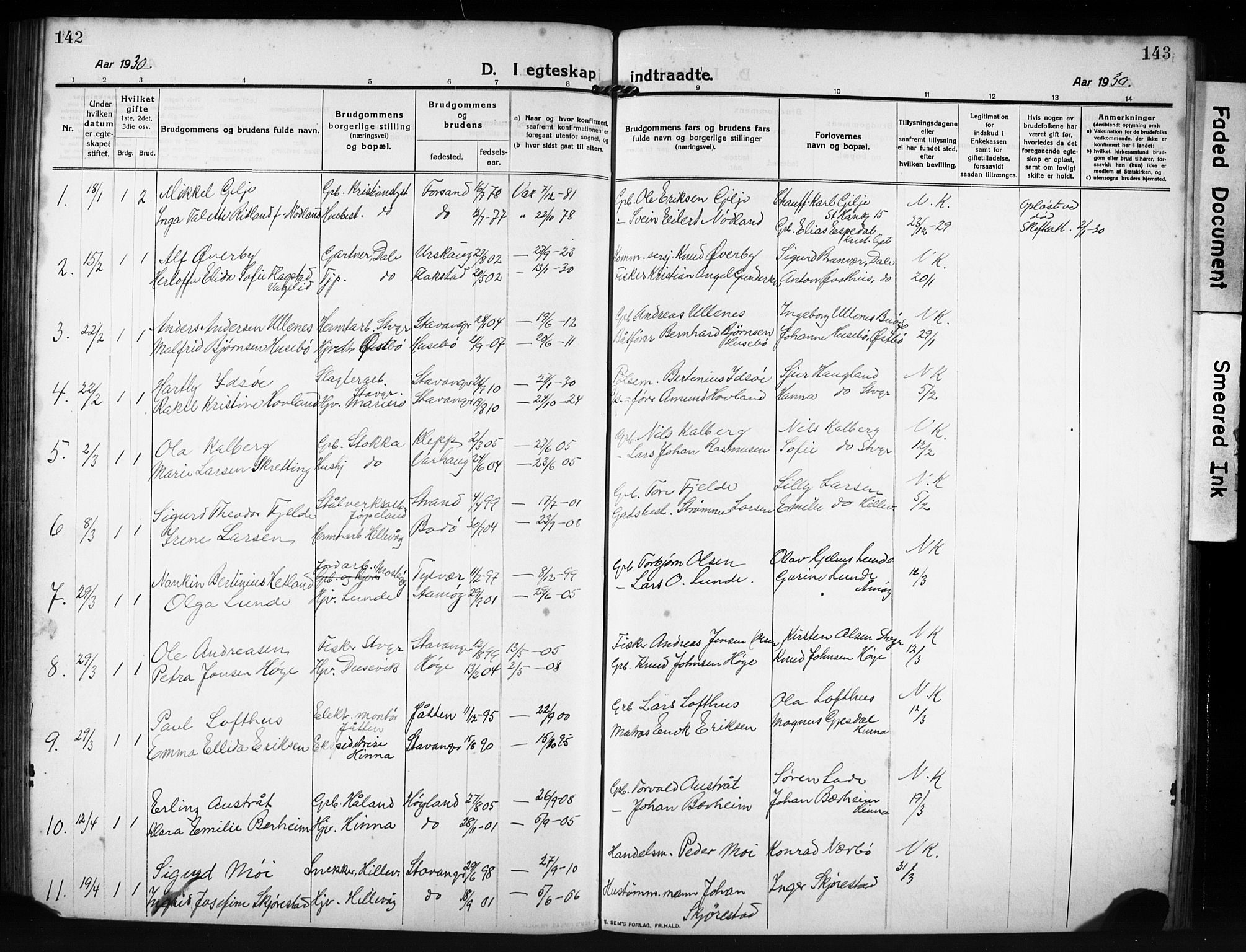 Hetland sokneprestkontor, SAST/A-101826/30/30BB/L0009: Parish register (copy) no. B 9, 1910-1931, p. 142-143