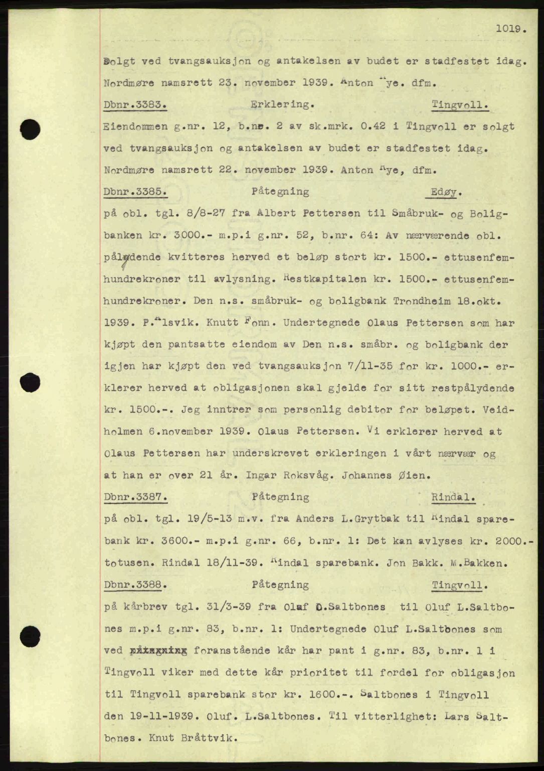 Nordmøre sorenskriveri, AV/SAT-A-4132/1/2/2Ca: Mortgage book no. C80, 1936-1939, Diary no: : 3383/1939