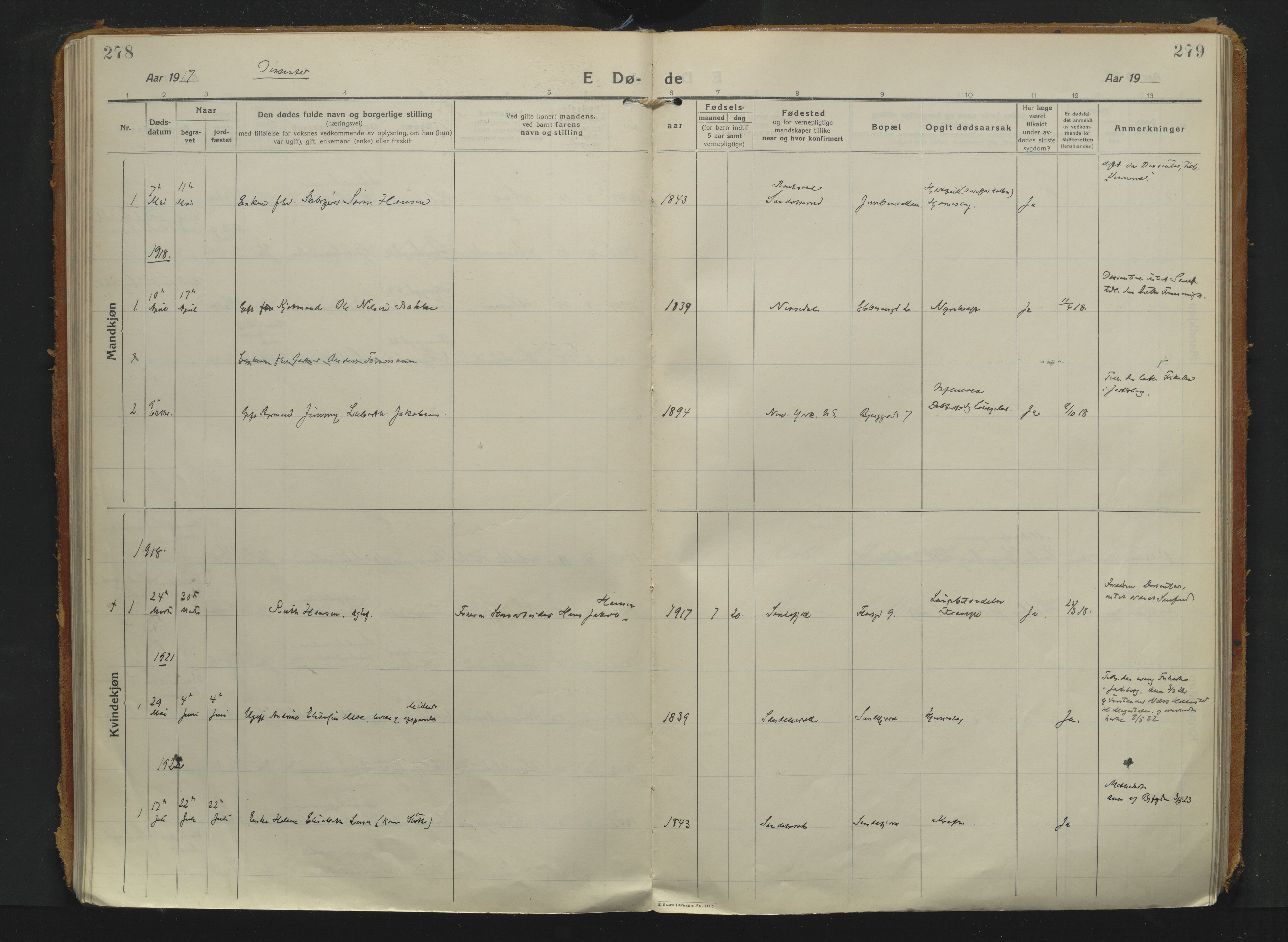 Sandefjord kirkebøker, SAKO/A-315/F/Fa/L0008: Parish register (official) no. 8, 1916-1926, p. 278-279