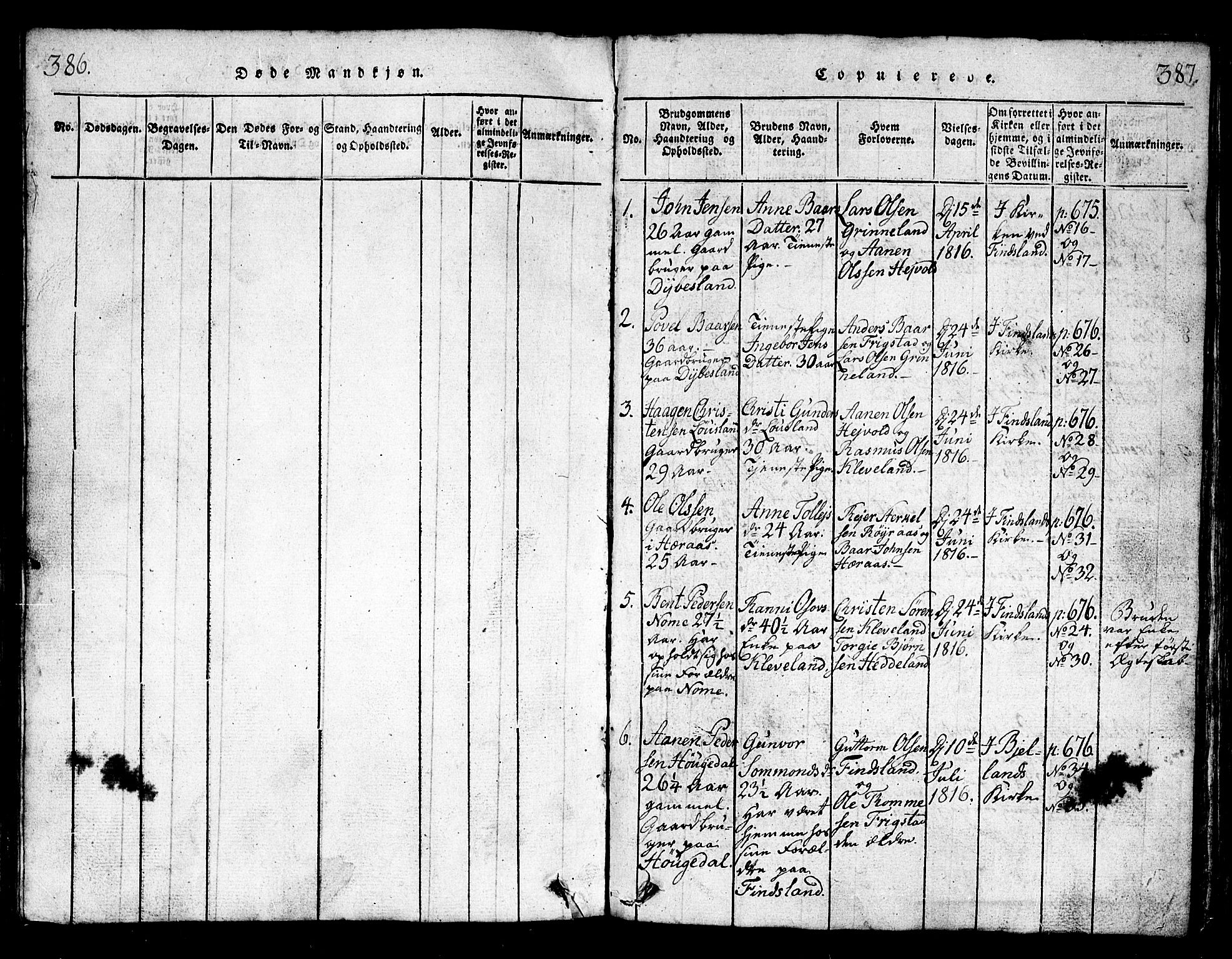 Bjelland sokneprestkontor, SAK/1111-0005/F/Fb/Fbb/L0003: Parish register (copy) no. B 3, 1816-1868, p. 386-387