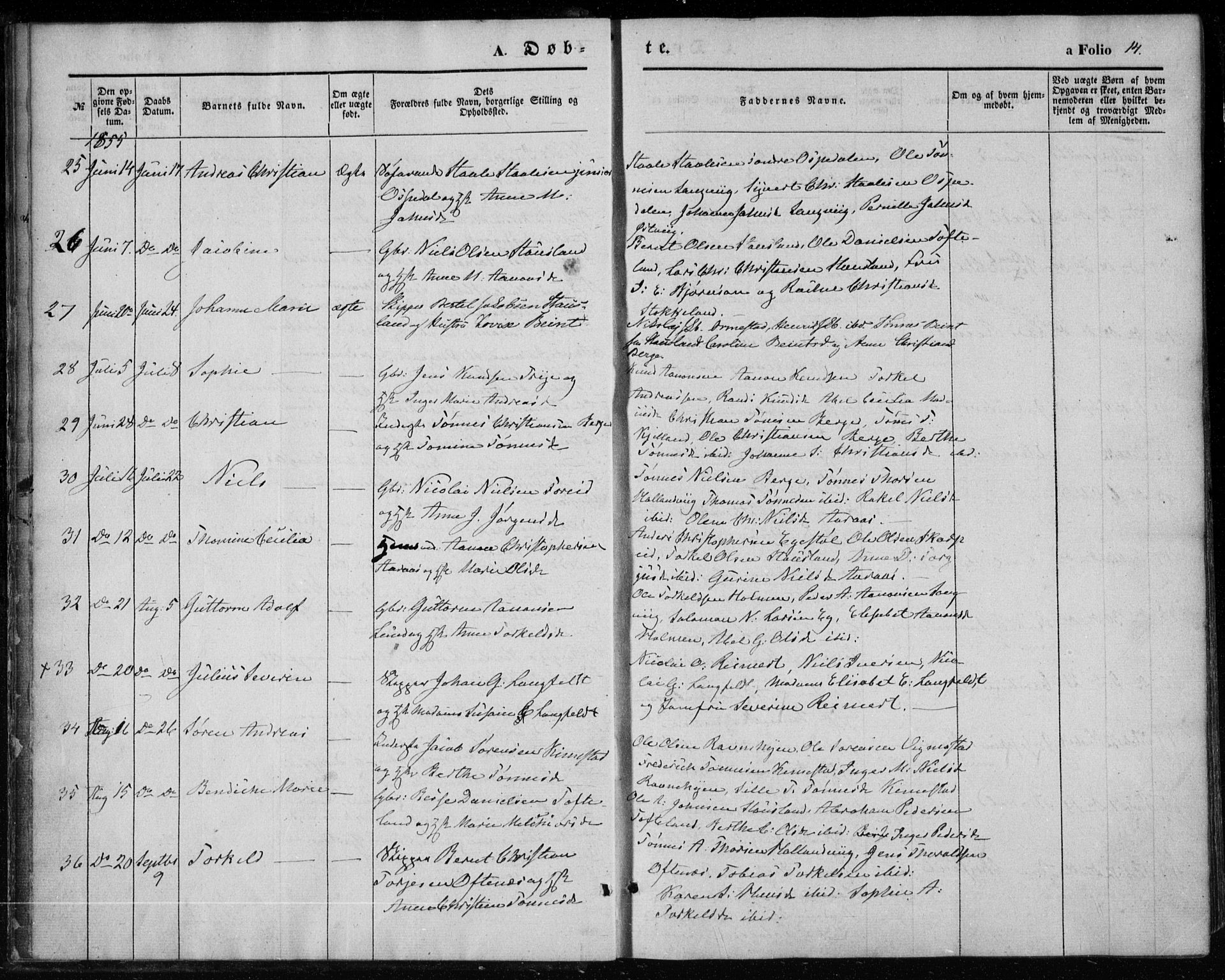 Søgne sokneprestkontor, AV/SAK-1111-0037/F/Fa/Fab/L0010: Parish register (official) no. A 10, 1853-1869, p. 14