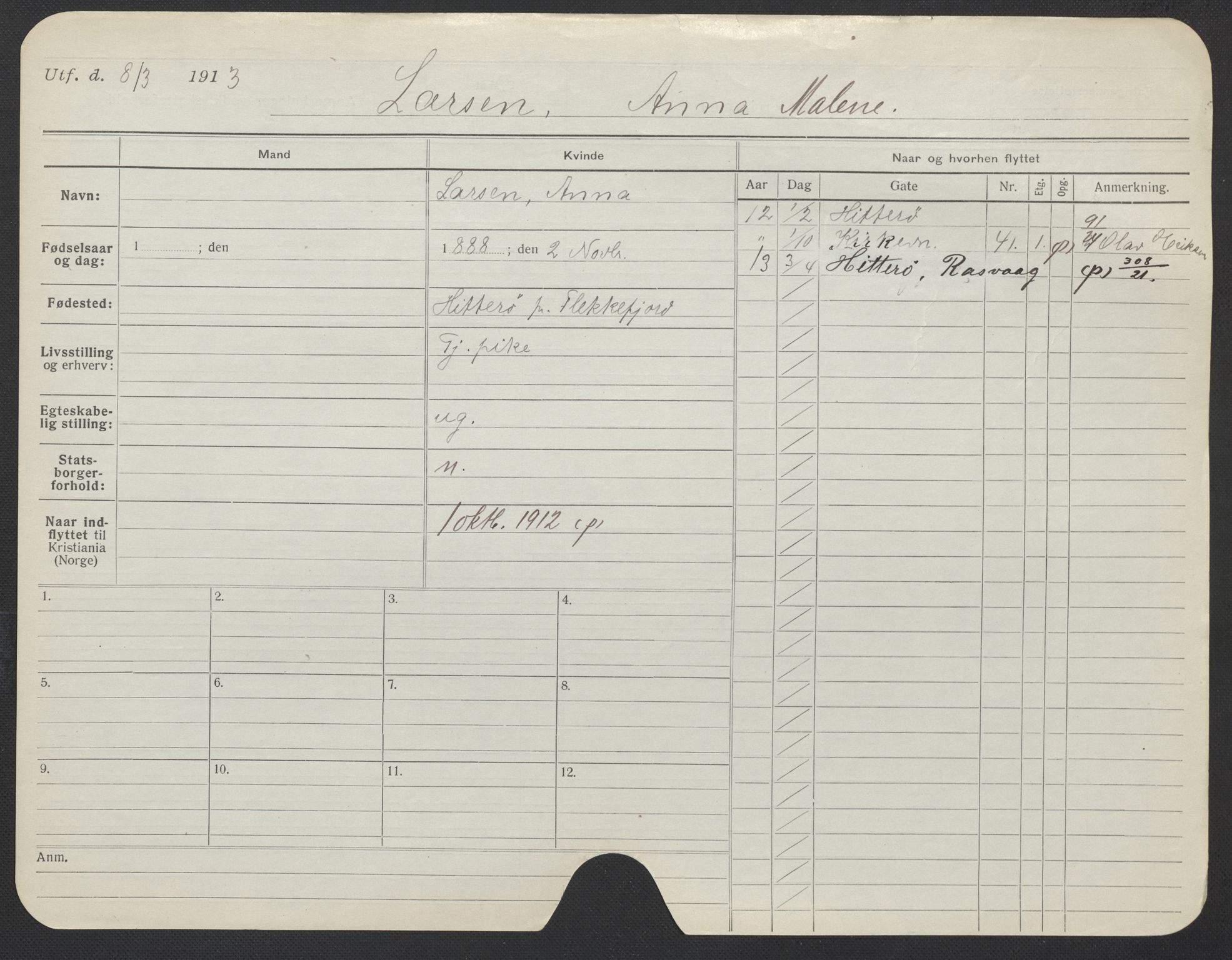Oslo folkeregister, Registerkort, AV/SAO-A-11715/F/Fa/Fac/L0019: Kvinner, 1906-1914, p. 818a