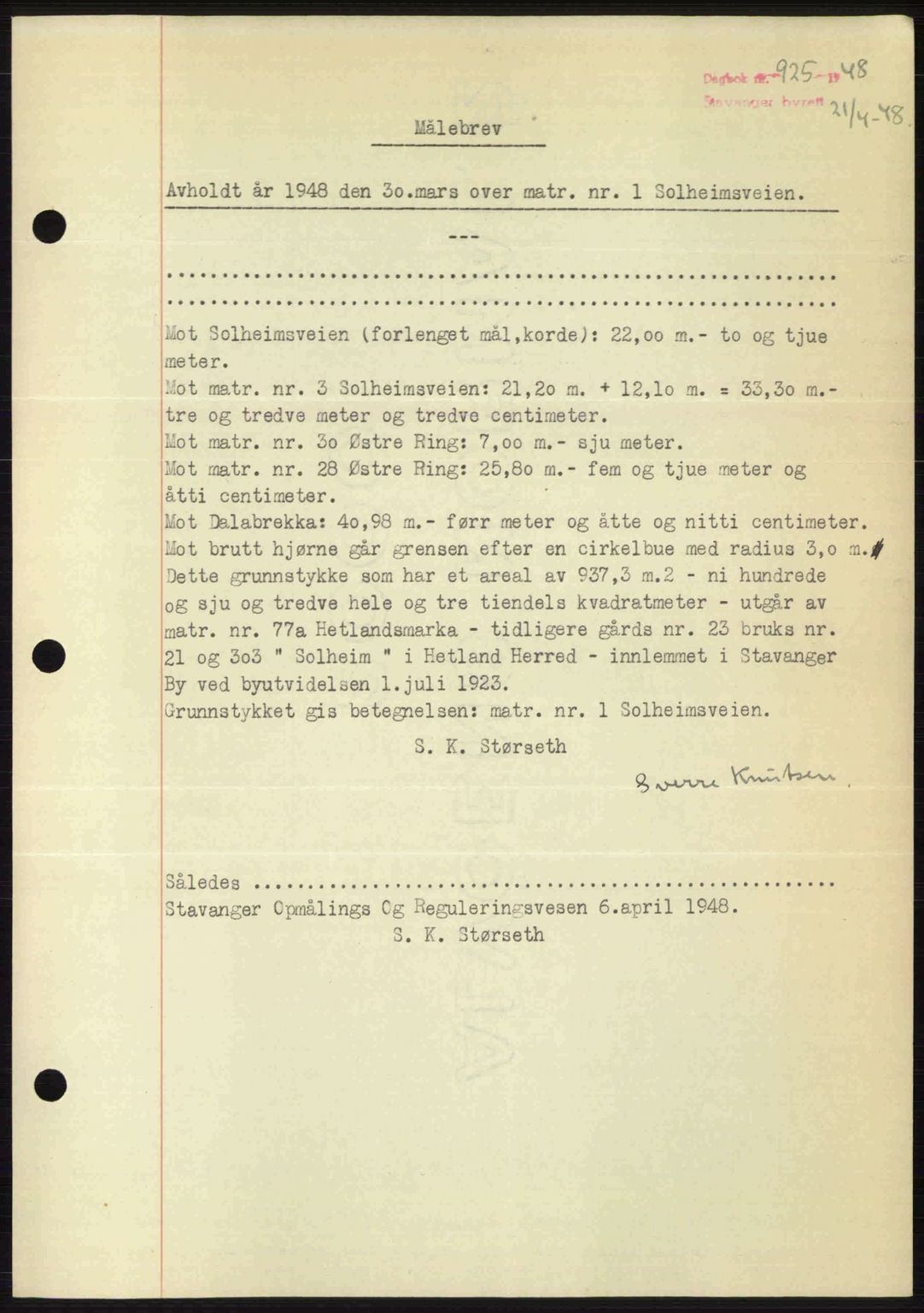 Stavanger byrett, SAST/A-100455/002/G/Gb/L0022: Mortgage book no. A11, 1947-1948, Diary no: : 925/1948