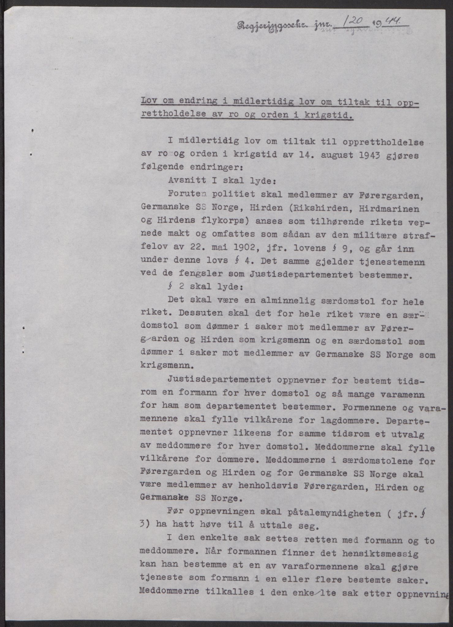 NS-administrasjonen 1940-1945 (Statsrådsekretariatet, de kommisariske statsråder mm), AV/RA-S-4279/D/Db/L0100: Lover, 1944, p. 228