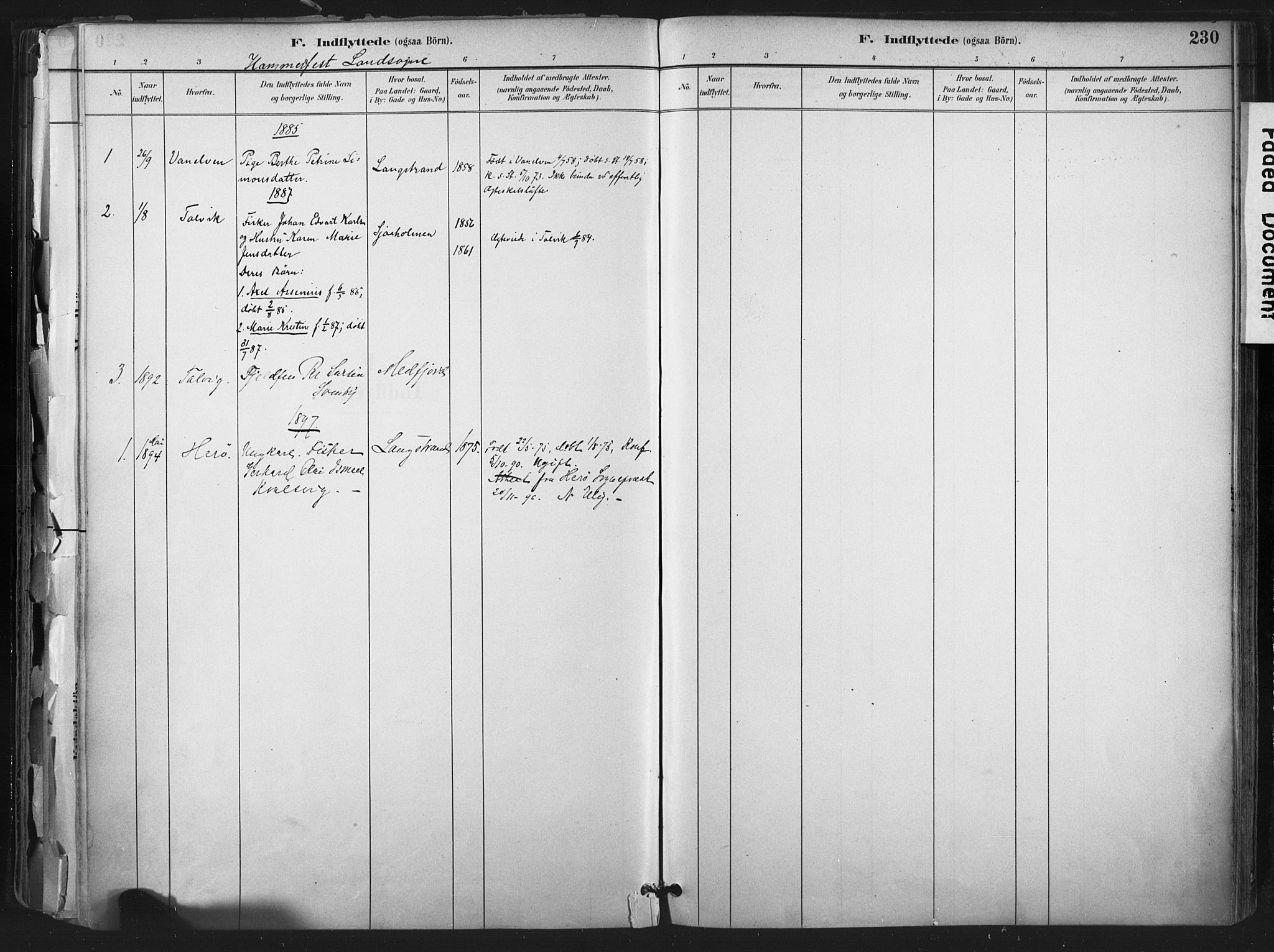 Hammerfest sokneprestkontor, AV/SATØ-S-1347/H/Ha/L0011.kirke: Parish register (official) no. 11 /1, 1885-1897, p. 230