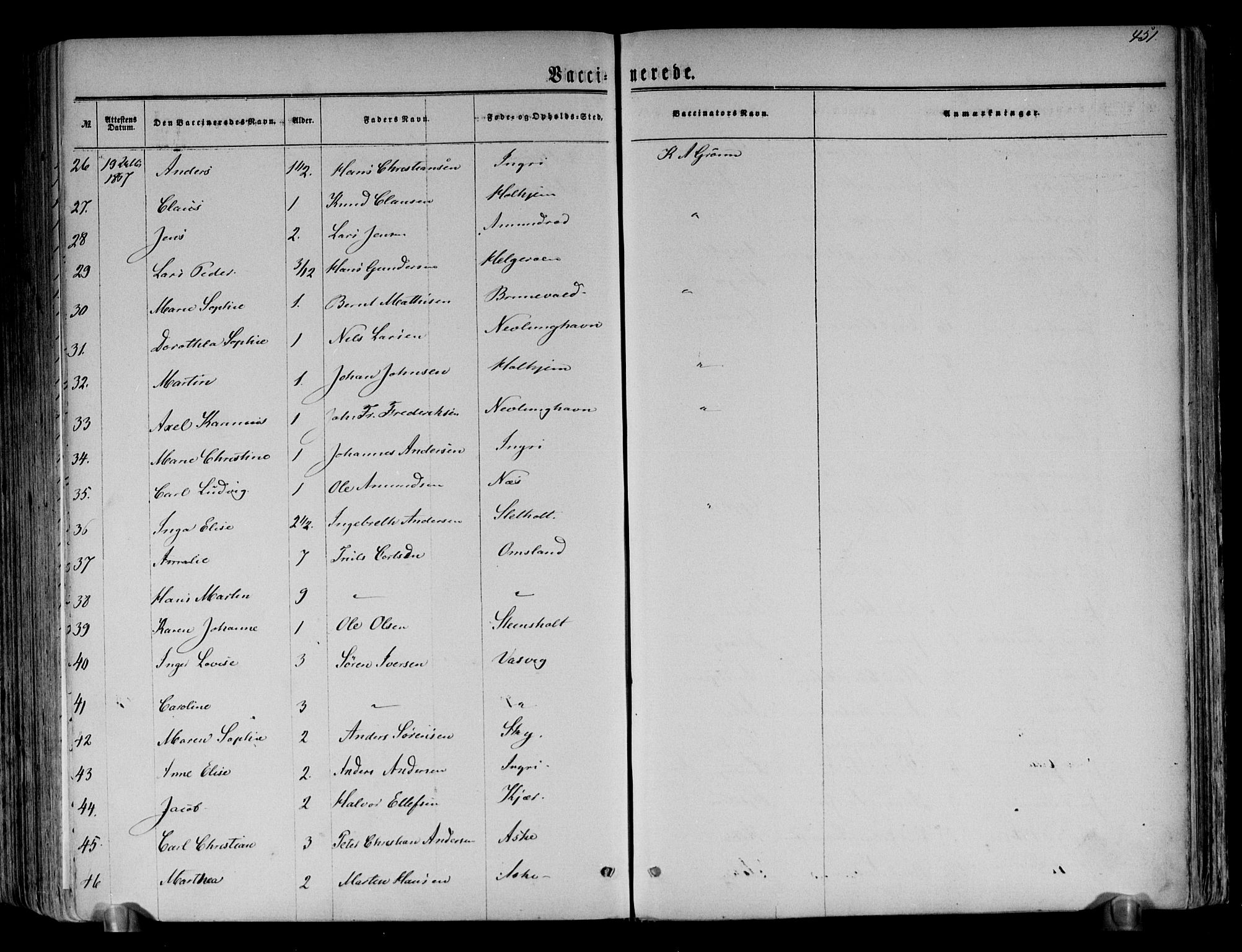 Brunlanes kirkebøker, AV/SAKO-A-342/F/Fa/L0005: Parish register (official) no. I 5, 1862-1877, p. 451