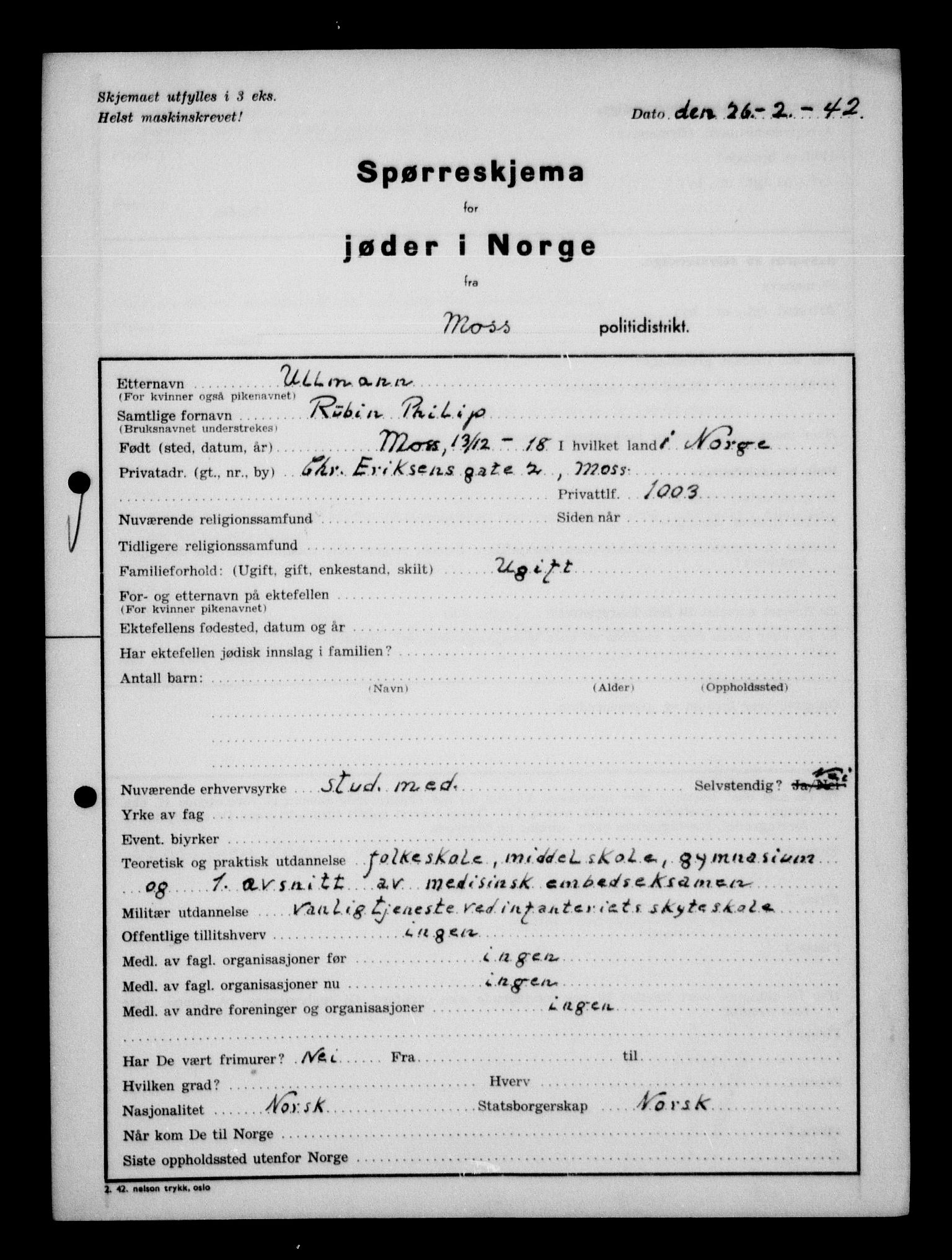 Statspolitiet - Hovedkontoret / Osloavdelingen, AV/RA-S-1329/G/Ga/L0012: Spørreskjema for jøder i Norge. 1: Aker 114- 207 (Levinson-Wozak) og 656 (Salomon). 2: Arendal-Hordaland. 3: Horten-Romerike.  , 1942, p. 791