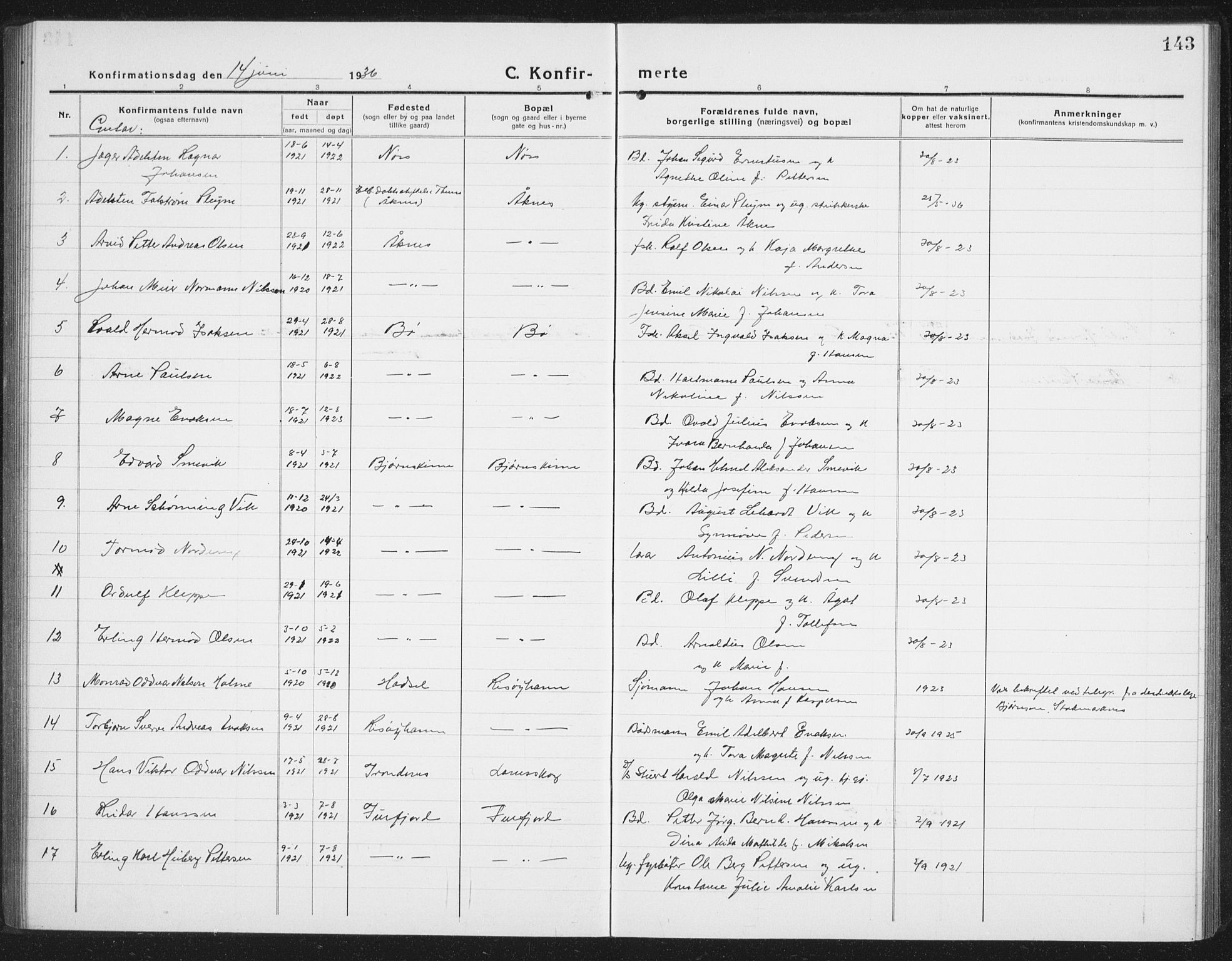 Ministerialprotokoller, klokkerbøker og fødselsregistre - Nordland, AV/SAT-A-1459/898/L1428: Parish register (copy) no. 898C03, 1918-1938, p. 143