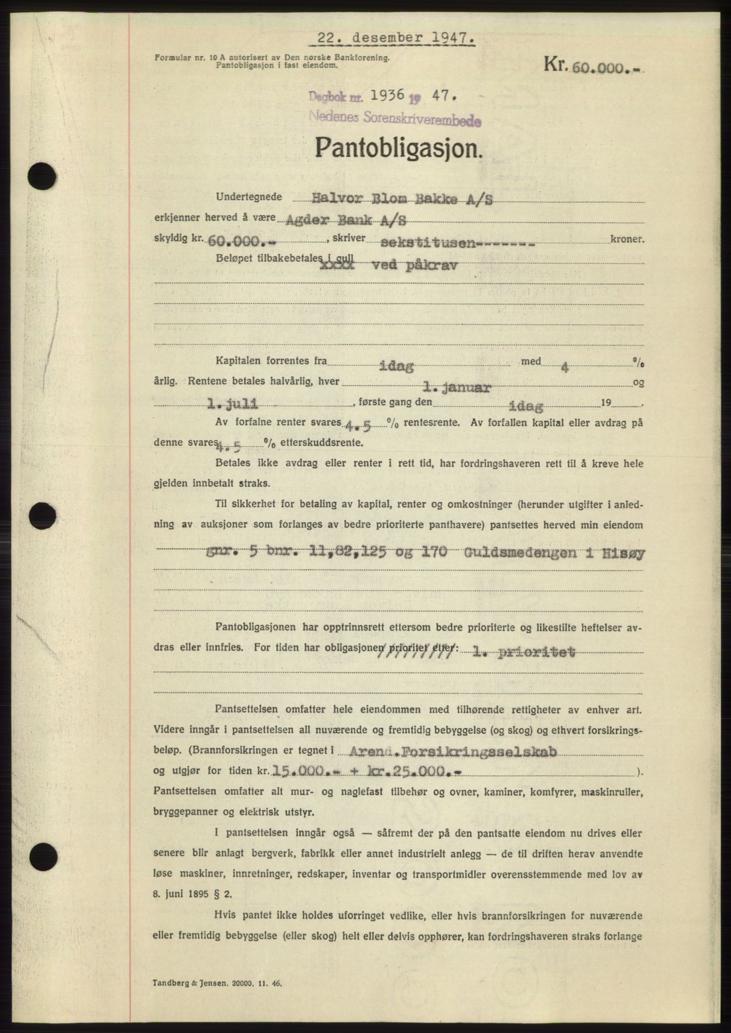 Nedenes sorenskriveri, AV/SAK-1221-0006/G/Gb/Gbb/L0004: Mortgage book no. B4, 1947-1947, Diary no: : 1936/1947