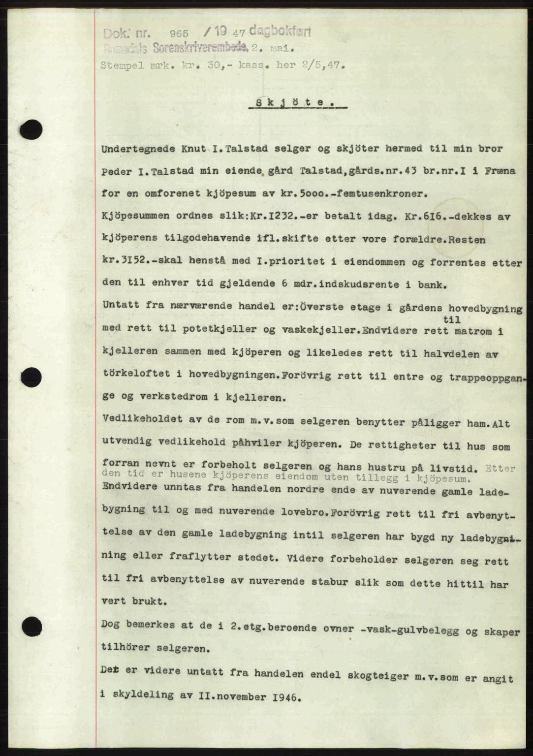 Romsdal sorenskriveri, AV/SAT-A-4149/1/2/2C: Mortgage book no. A22, 1947-1947, Diary no: : 965/1947