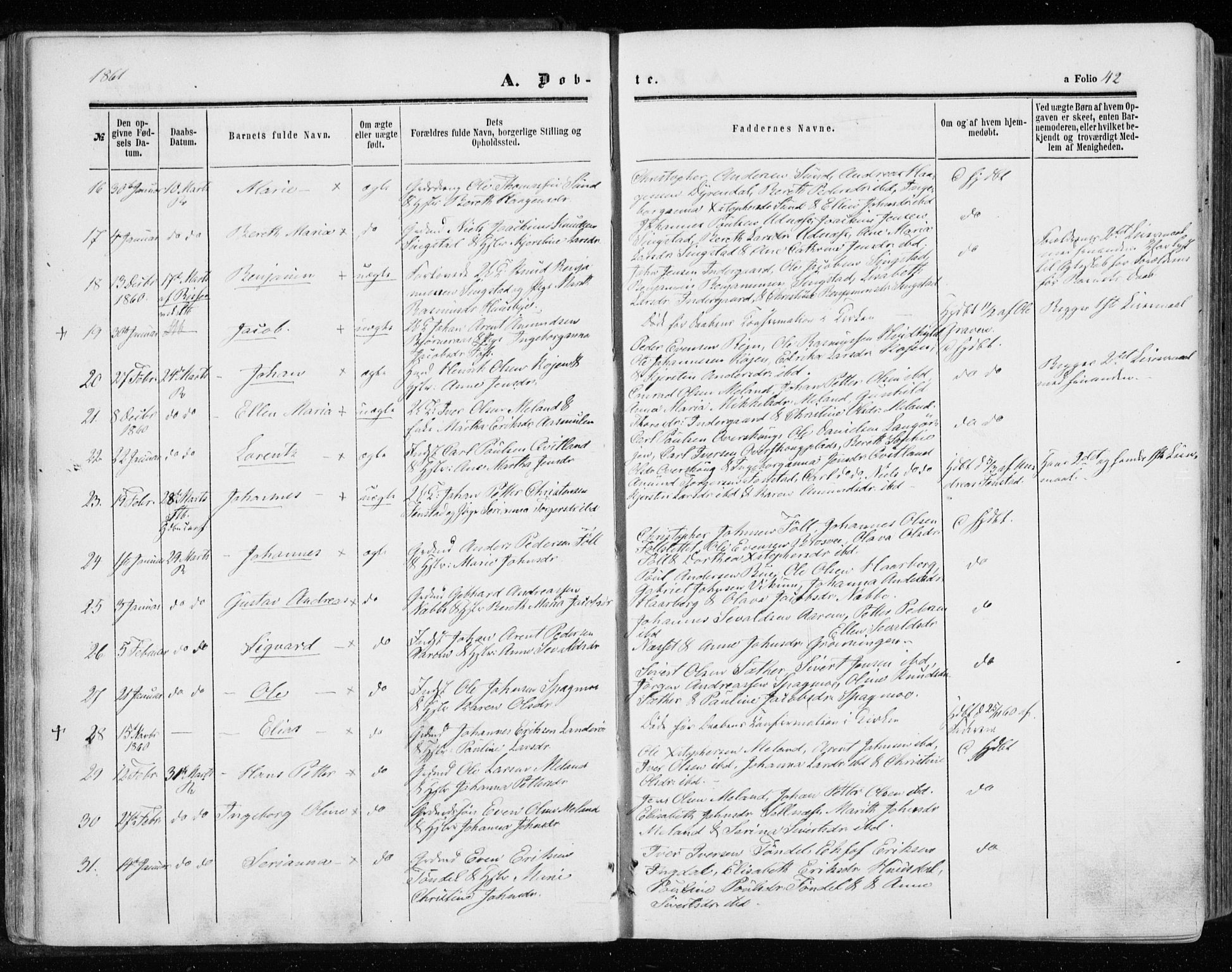 Ministerialprotokoller, klokkerbøker og fødselsregistre - Sør-Trøndelag, SAT/A-1456/646/L0612: Parish register (official) no. 646A10, 1858-1869, p. 42