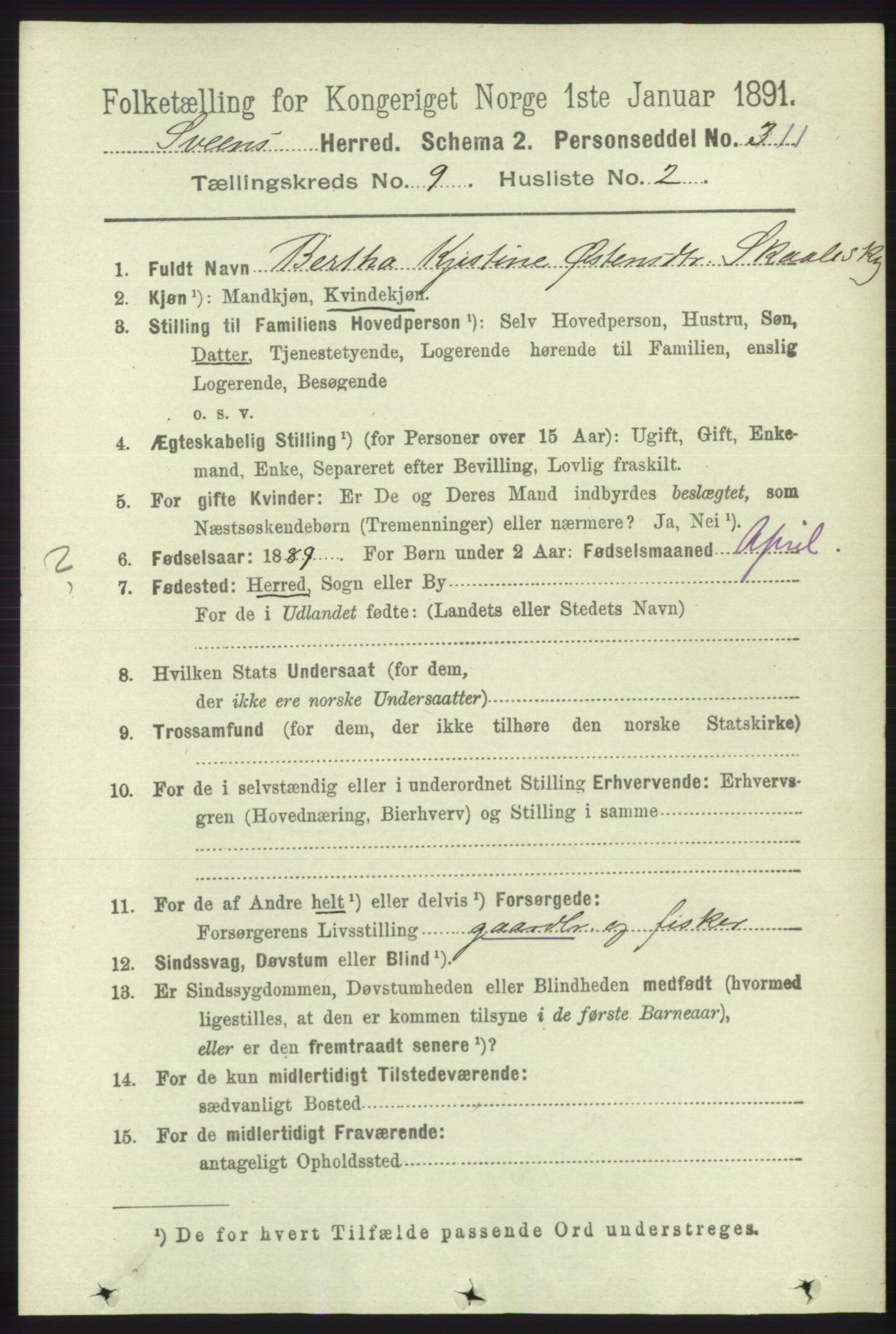 RA, 1891 census for 1216 Sveio, 1891, p. 2701