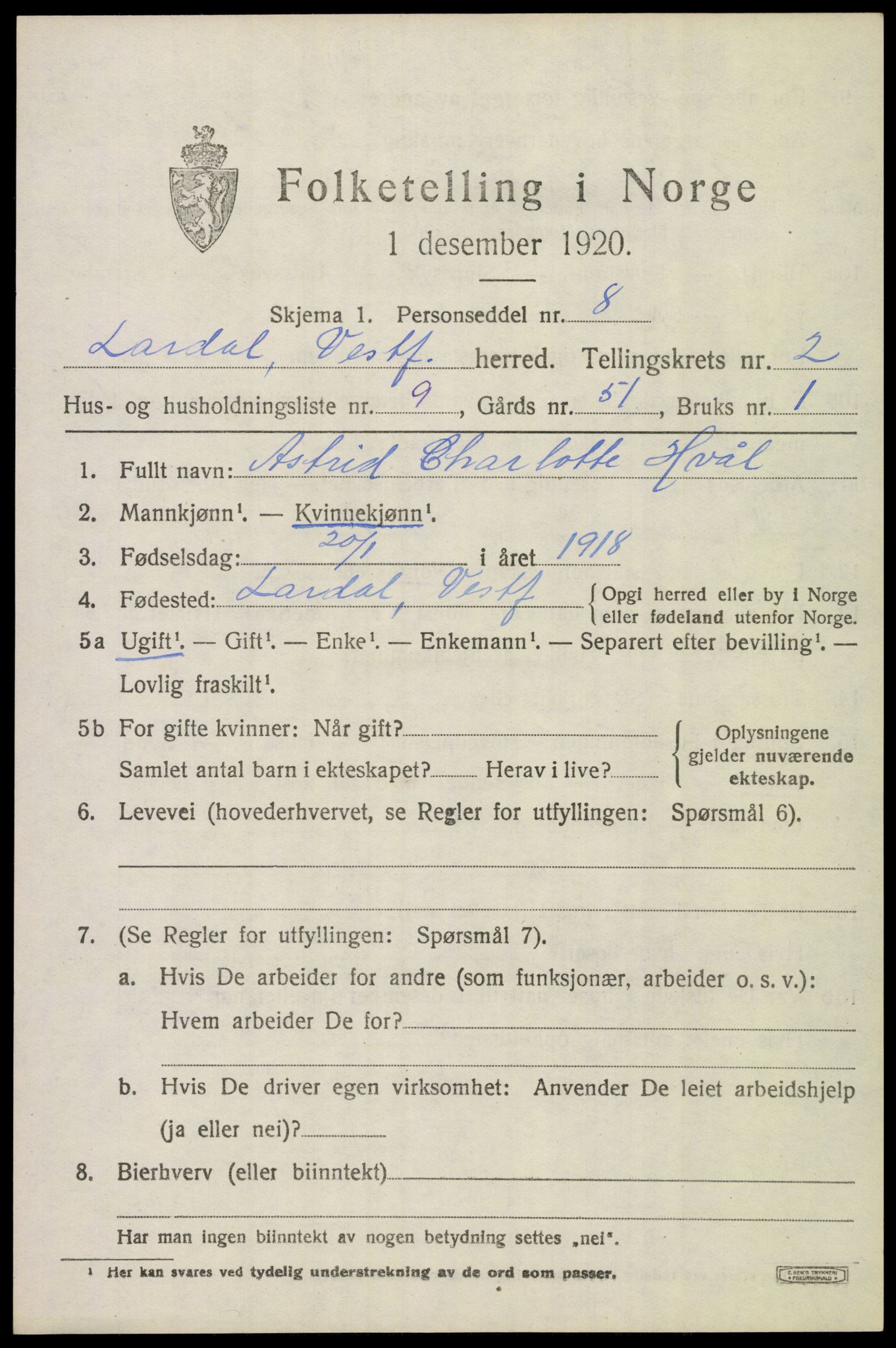 SAKO, 1920 census for Lardal, 1920, p. 2067