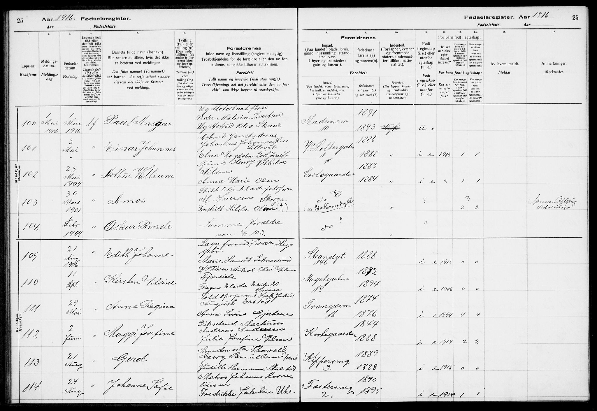 Nykirken Sokneprestembete, SAB/A-77101/I/Id/L00A1: Birth register no. A 1, 1916-1922, p. 25