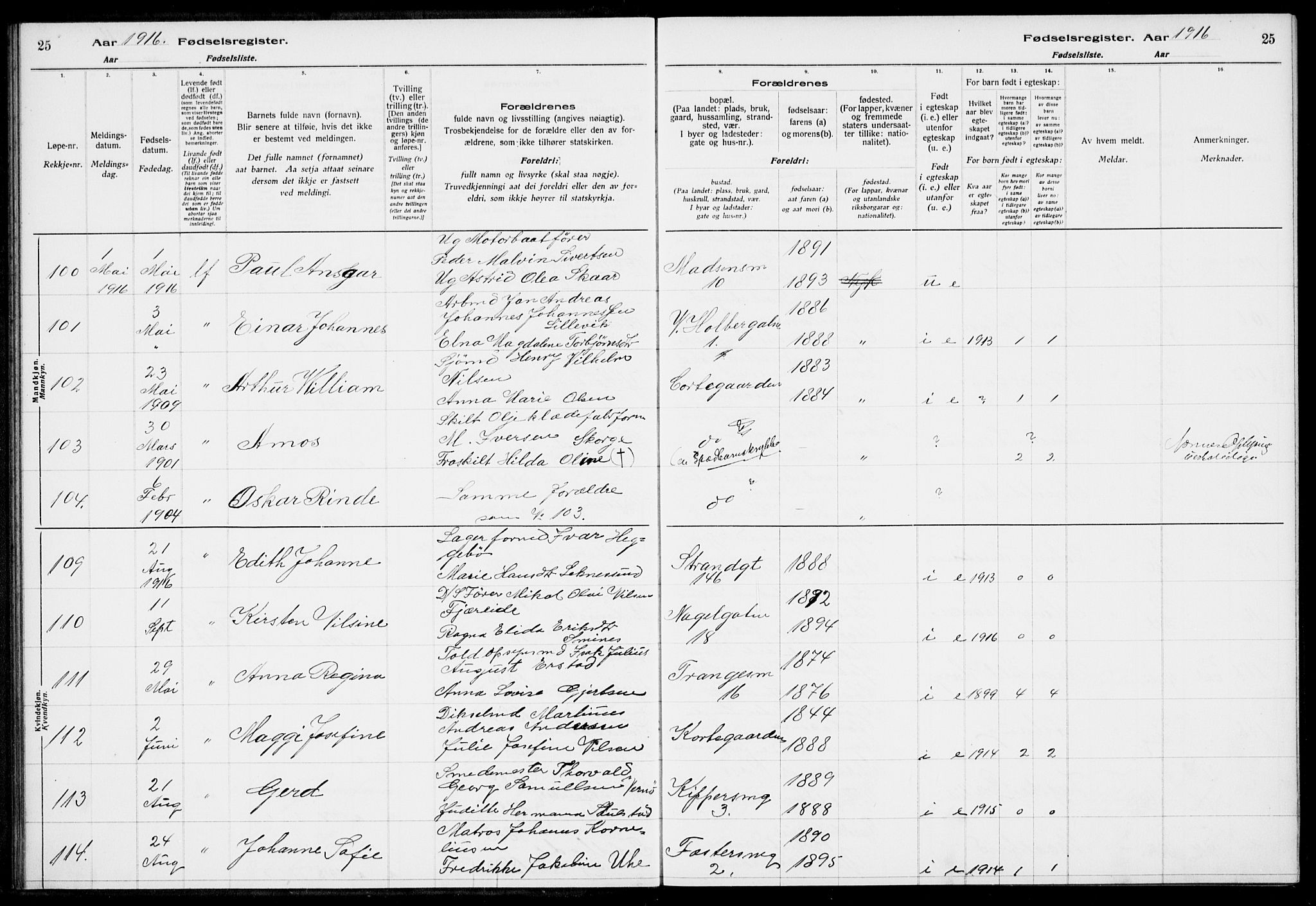 Nykirken Sokneprestembete, AV/SAB-A-77101/I/Id/L00A1: Birth register no. A 1, 1916-1922, p. 25