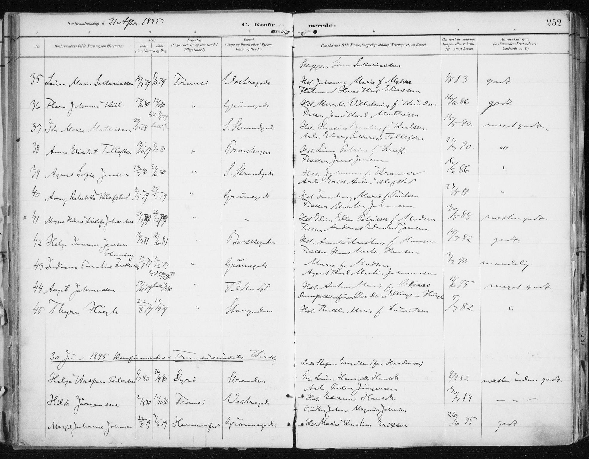 Tromsø sokneprestkontor/stiftsprosti/domprosti, AV/SATØ-S-1343/G/Ga/L0015kirke: Parish register (official) no. 15, 1889-1899, p. 252