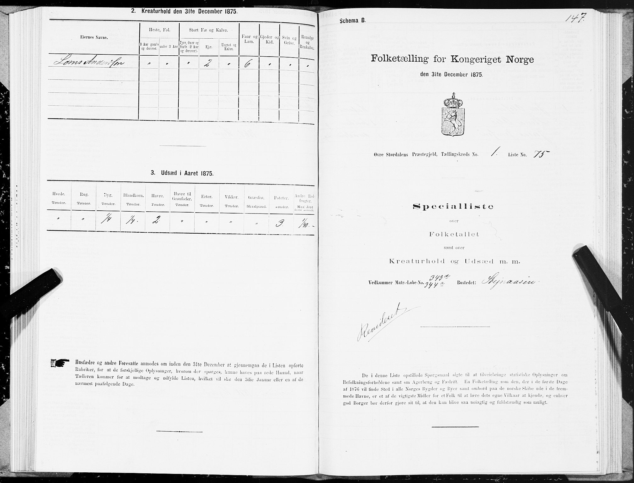 SAT, 1875 census for 1711P Øvre Stjørdal, 1875, p. 1147