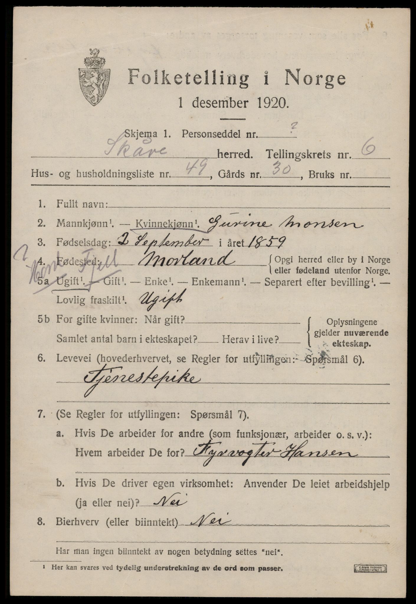 SAST, 1920 census for Skåre, 1920, p. 4712