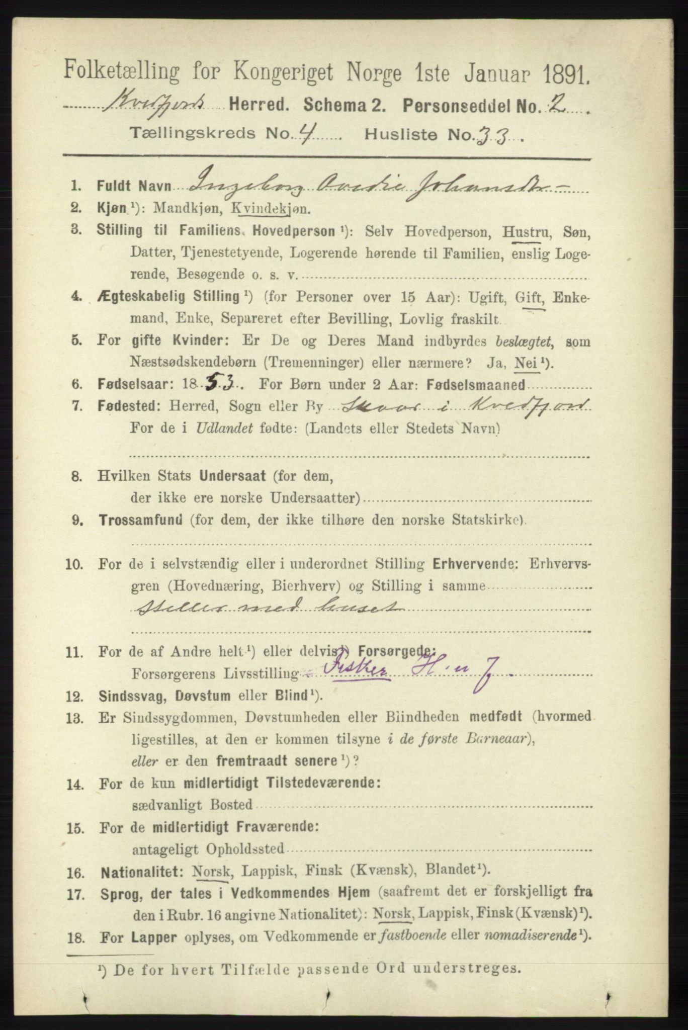 RA, 1891 census for 1911 Kvæfjord, 1891, p. 2113
