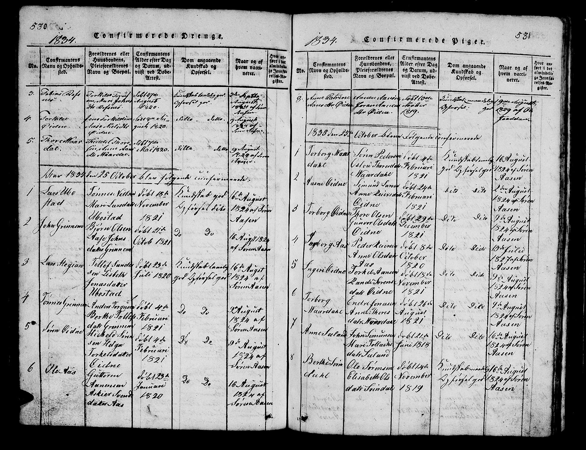 Bjelland sokneprestkontor, SAK/1111-0005/F/Fb/Fbc/L0001: Parish register (copy) no. B 1, 1815-1870, p. 530-531