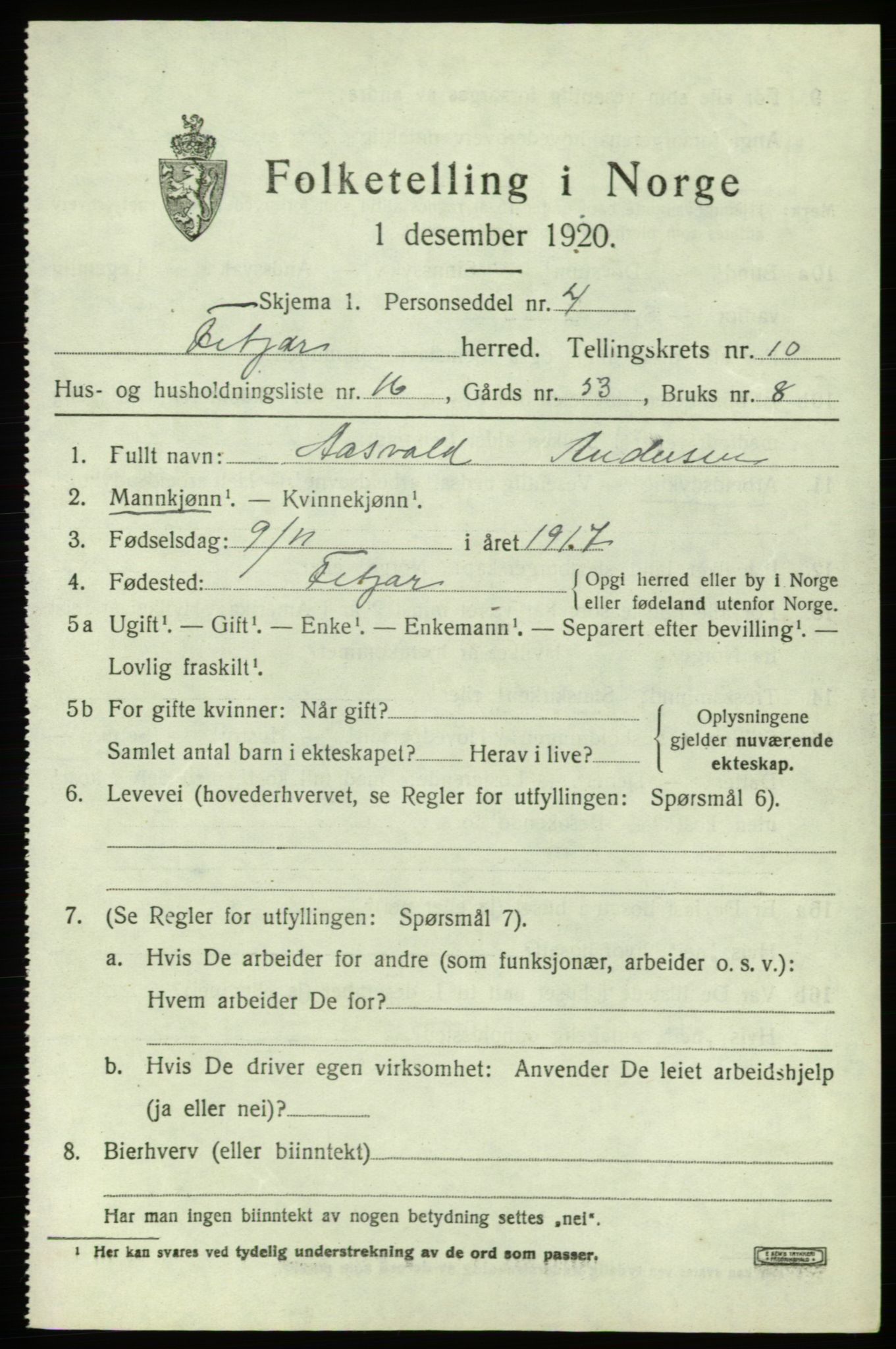 SAB, 1920 census for Fitjar, 1920, p. 4304