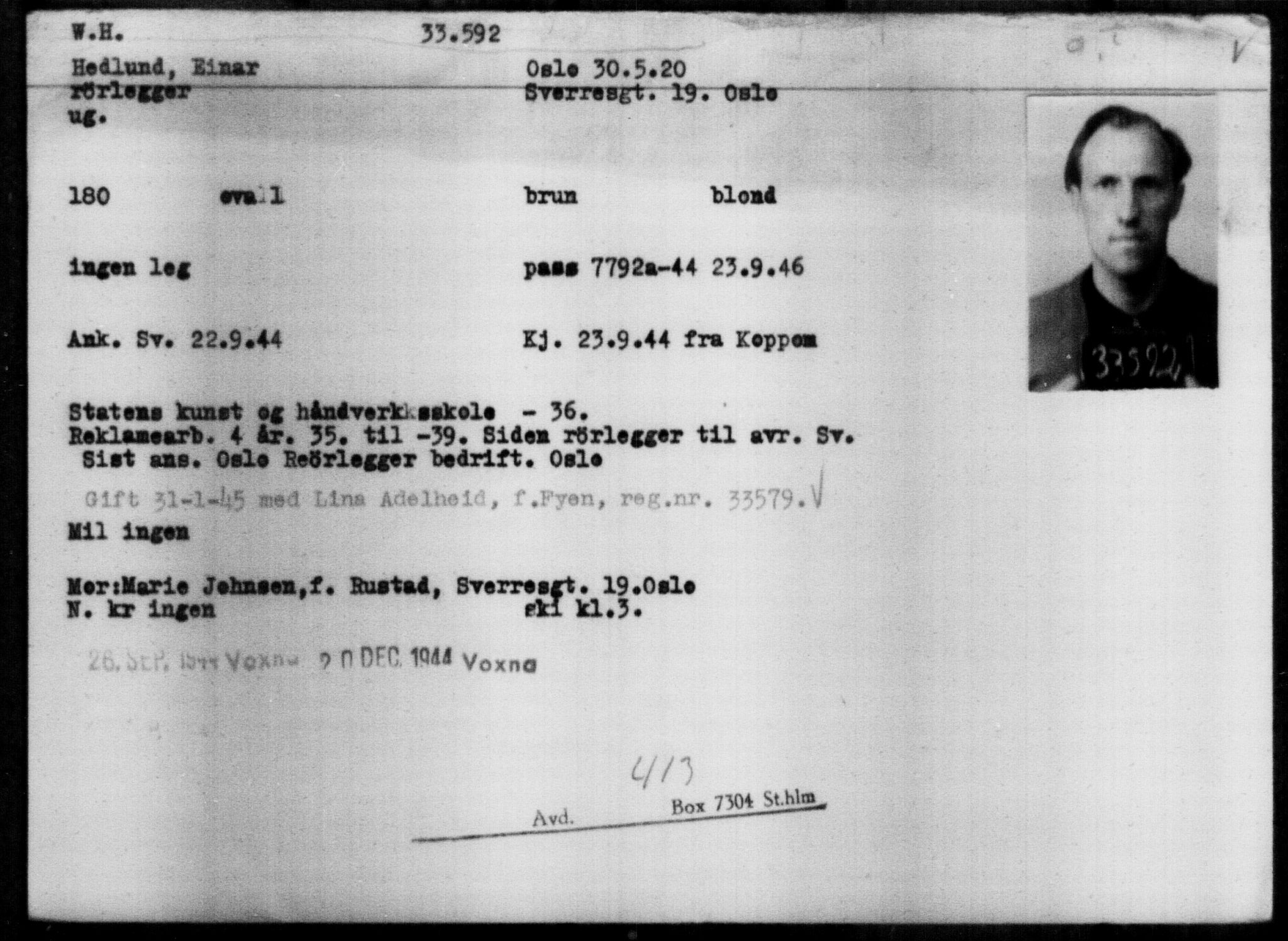 Utenriksstasjonene, Legasjonen i Stockholm, Flyktningkontoret, AV/RA-S-6753/V/Va/L0013: Kjesäterkartoteket, flyktninger med registreringsnr. 31500-34731, 1940-1945, p. 2208