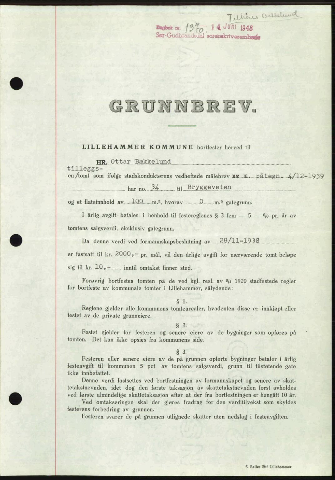 Sør-Gudbrandsdal tingrett, SAH/TING-004/H/Hb/Hbd/L0022: Mortgage book no. A22, 1948-1948, Diary no: : 1370/1948