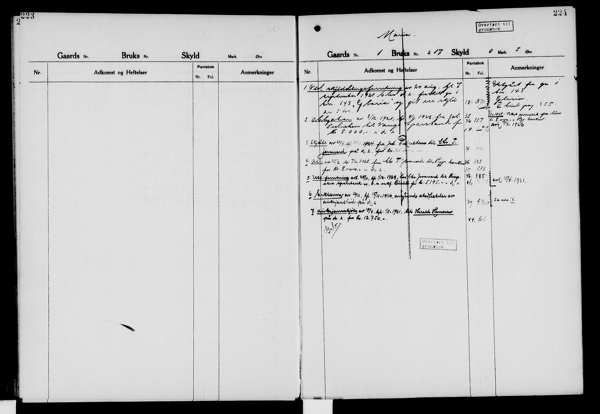 Nord-Hedmark sorenskriveri, SAH/TING-012/H/Ha/Had/Hade/L0006: Mortgage register no. 4.6, 1920-1940, p. 223-224