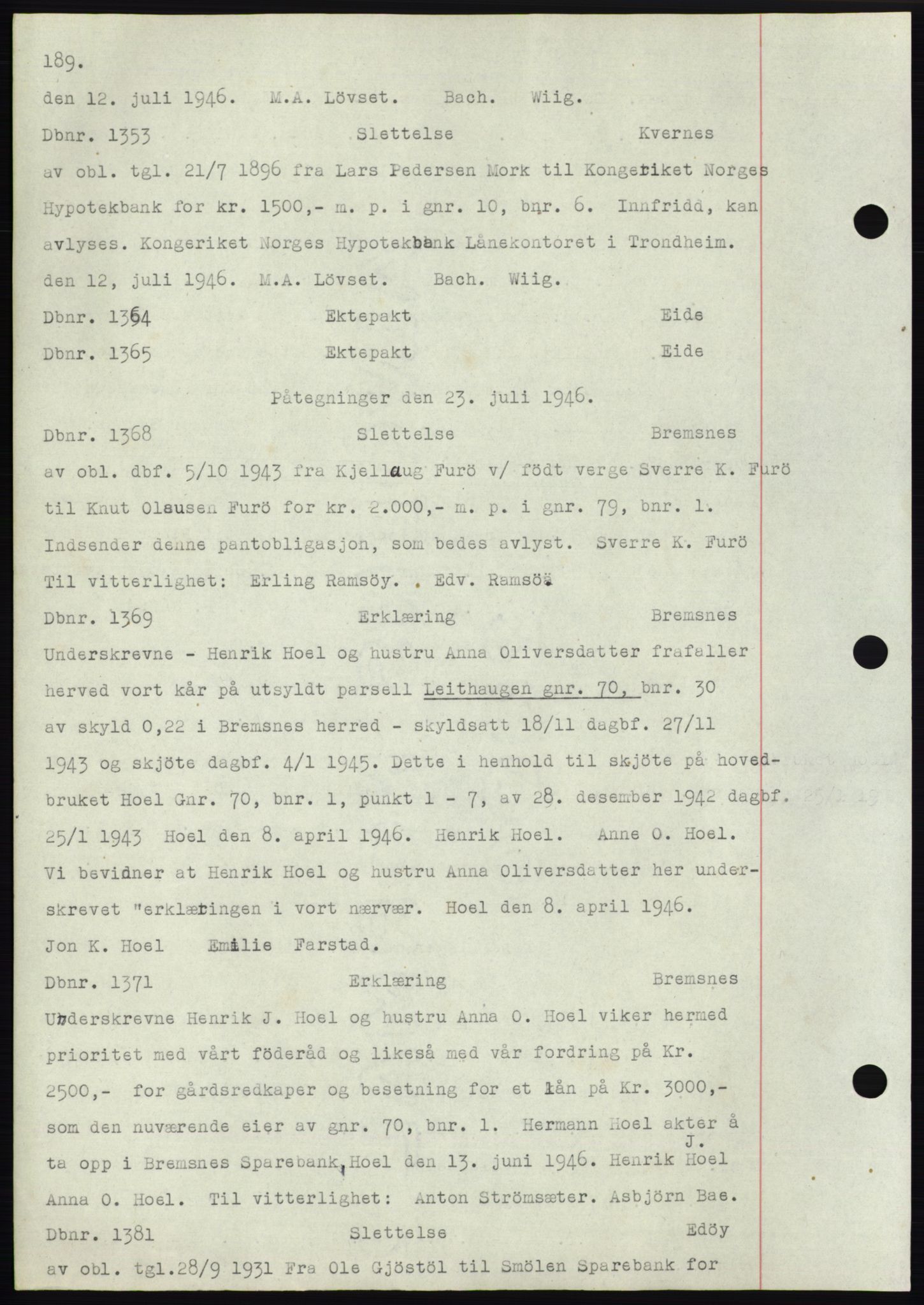 Nordmøre sorenskriveri, AV/SAT-A-4132/1/2/2Ca: Mortgage book no. C82b, 1946-1951, Diary no: : 1353/1946