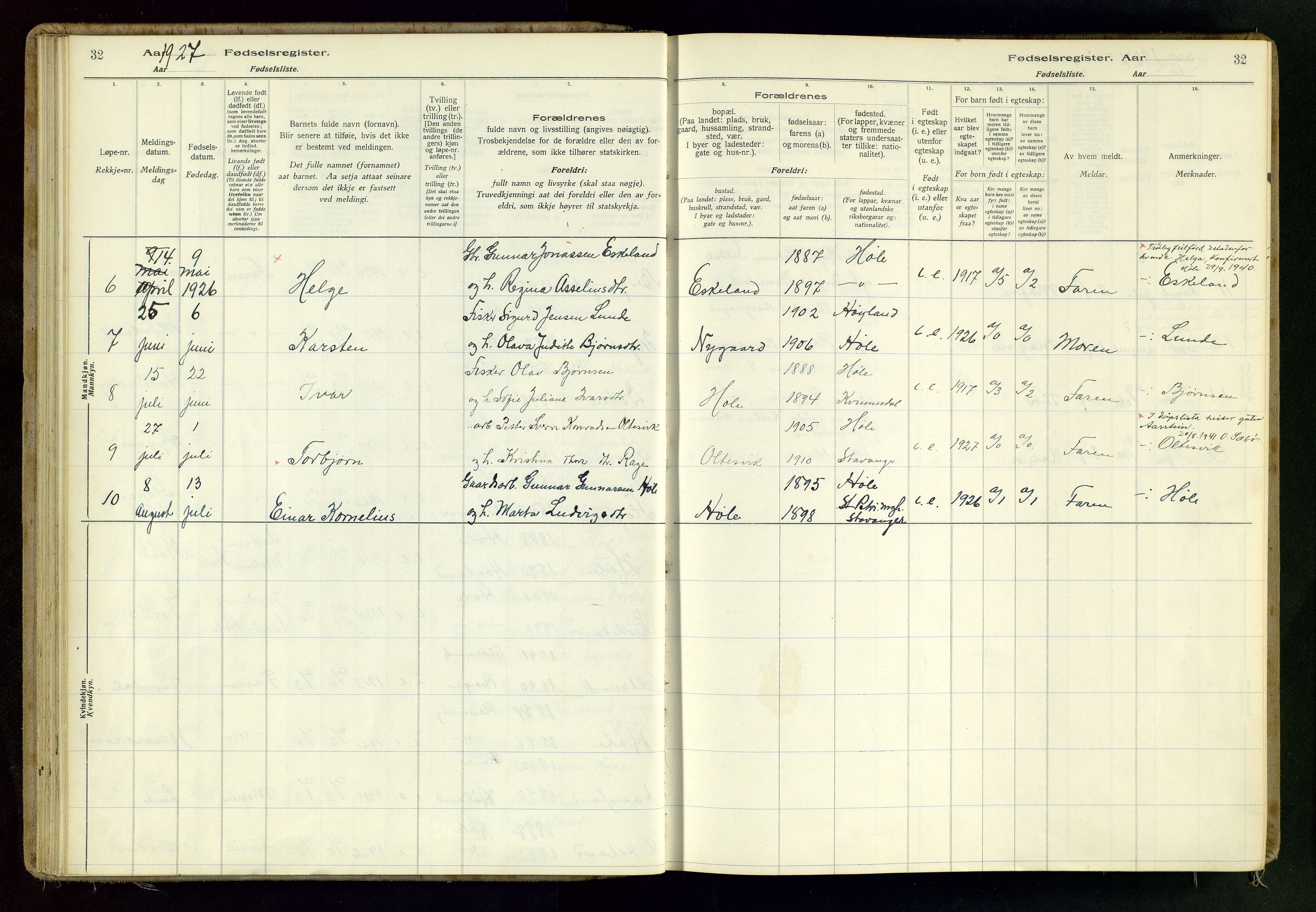 Høgsfjord sokneprestkontor, AV/SAST-A-101624/I/Id/L0001: Birth register no. 1, 1916-1982, p. 32